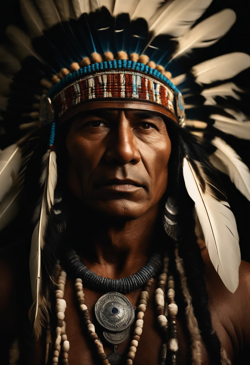 Hyperrealistic cinematic image of a native Indian with feathers on his head, Arte nativa americana, Indian warrior, Nativo americano, Guerreiro nativo americano, Arte nativa, Um guerreiro nativo americano, indigenous man, eagle feather, Guerreiro habilidoso do Apache, warrior spirit, american indian headdress, indigenous art, : native american shamen fantasy, Indigenous, native american folk art, Fotografia de arte indianarrealista, fotografia, obra-prima, realista, Realismo, renderizado, Alto contraste, digital art photographyrealistic trend in Artstation 8k HD high definition detailed realistic,  detalhado, textura da pele, hiper detalhado, textura de pele realista, armadura, melhor qualidade, ultra high-resolution, (fotografiarrealista: 1.4), alta resolução, detalhado, Calado bruto, sharp re, por lee jeffries Nikon D850 Filme Fotografia de Stock 4 Kodak Portra 400 Lente F1.6 Rich Colors Realistic Texture Dramatic Texture Dramatic Lighting Irrealengine Trend on Artstation Cinestill 800