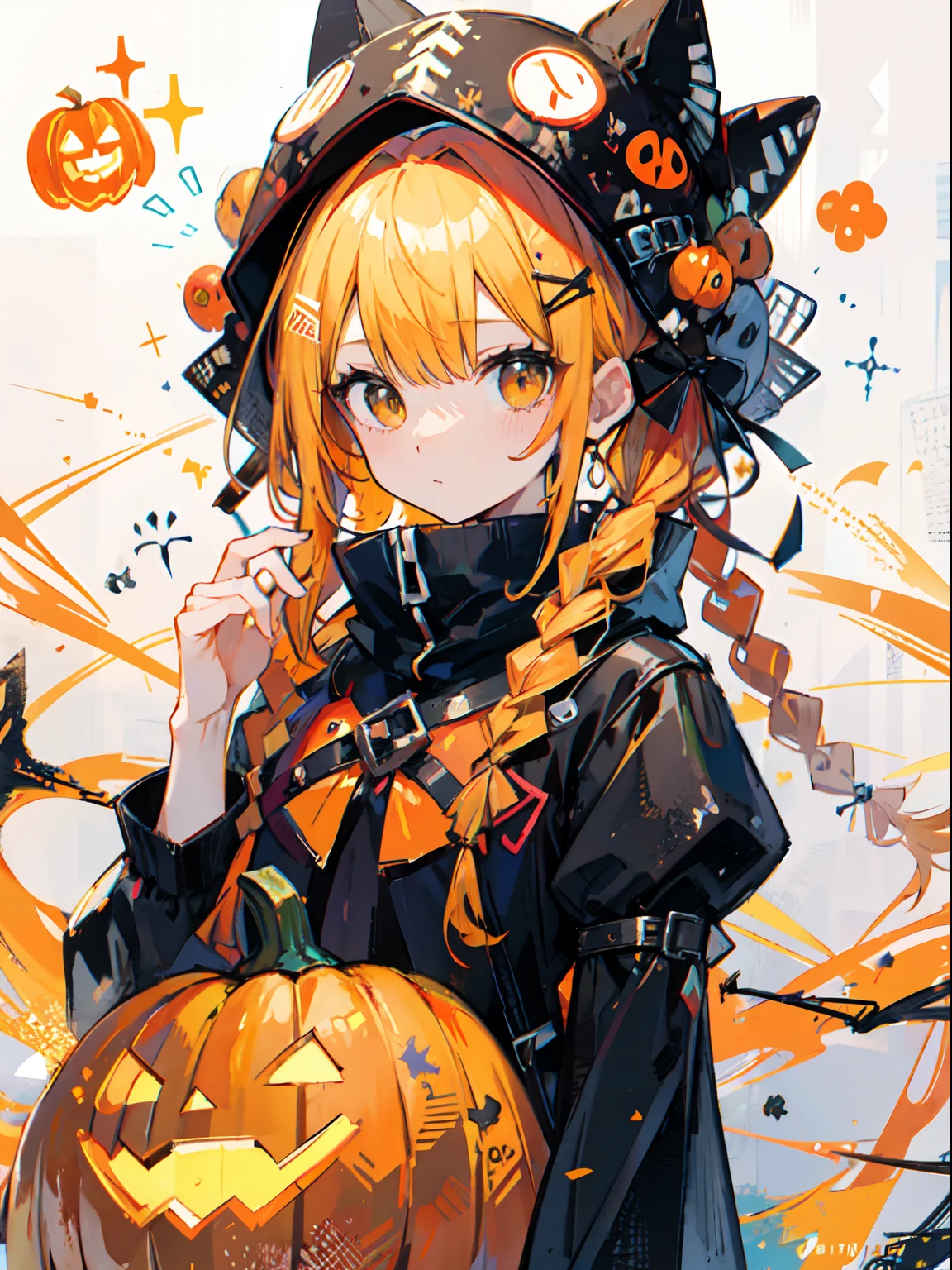 girl with orenge tied hair and a pumpkin hat, halloween theme,