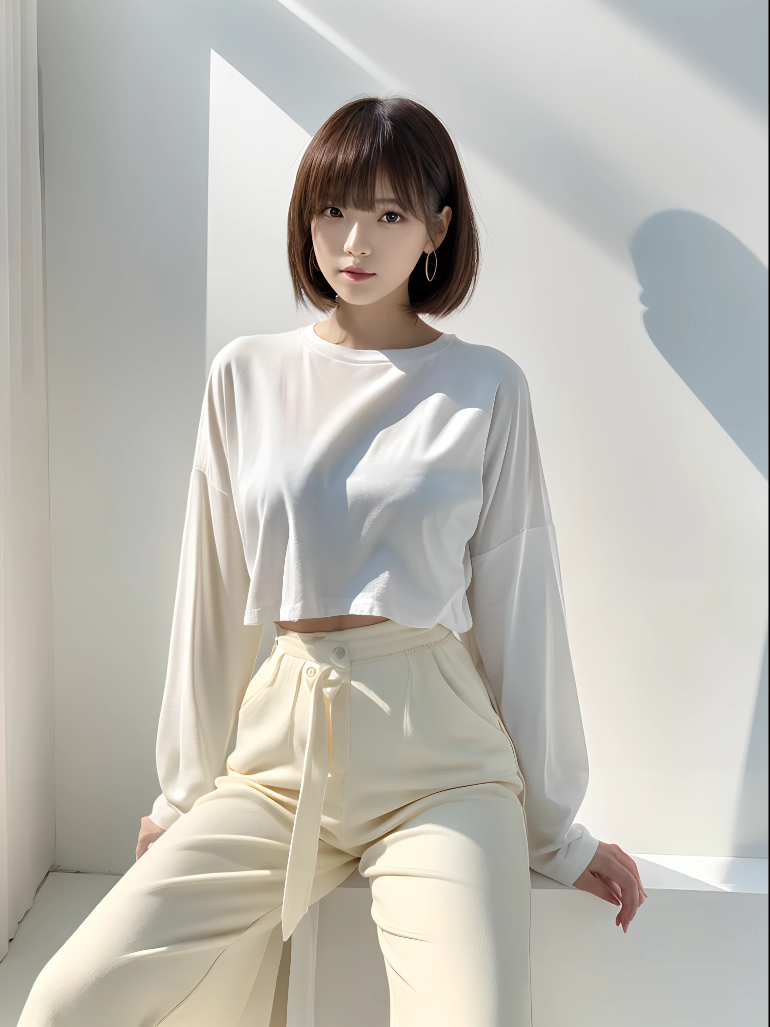 ((​masterpiece,top-quality)), (photographrealistic:1.4),((masutepiece,8K)),hight resolution, Japanese, 1 beautiful woman, Medium Hair, faint thin bangs, Age 32 years old, Detailed skin, long-sleeve, T-shirt, wide-leg pants, Standing, White background, White Room,white walls, fully body photo