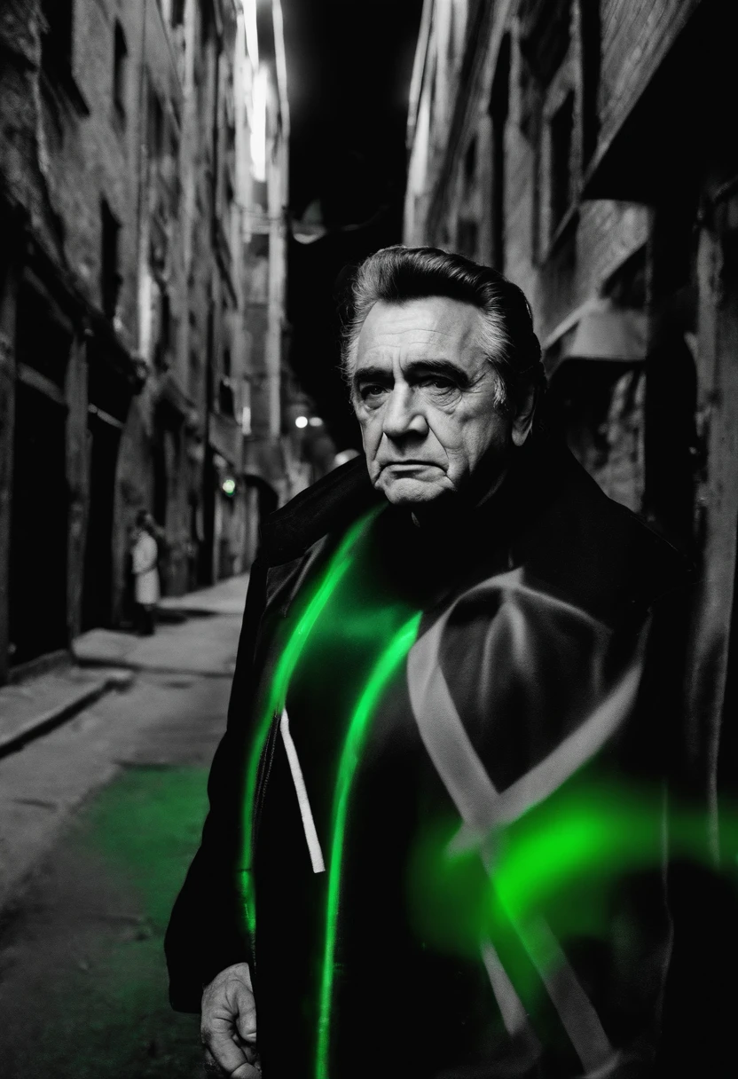 Johnny Cash, the man wearing a black t-shirt, short sleeve, stands in front of a graphitti street. His hands are casually tucked into his pockets as he stares directly into the camera, his intense gaze capturing the attention of all who see it. The green light adds a haunting quality to the scene, making it truly unforgettable.