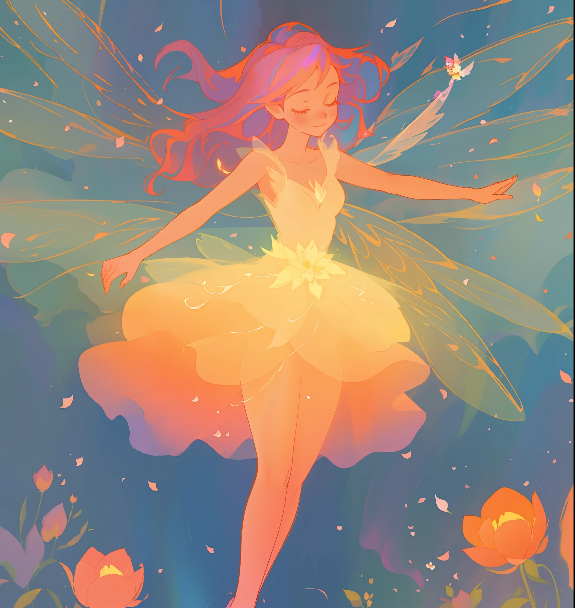 beautiful girl in tiered gradient ballgown dress, gradient warm color ballgown, ((layered flower petal skirt)), fairy dress, fairy queen, magical forest background, (glowing fairy wings), glowing flowing ballgown, long wavy hair, sparkling fairy wings, watercolor illustration, flowers and colorful plants, inspired by Glen Keane, inspired by Lois van Baarle, disney art style, by Lois van Baarle, glowing aura around her, by Glen Keane, jen bartel, glowing lights! digital painting, flowing glowing hair, glowing flowing hair, beautiful digital illustration, fantasia otherworldly landscape plants flowers, beautiful, masterpiece, best quality, anime disney style