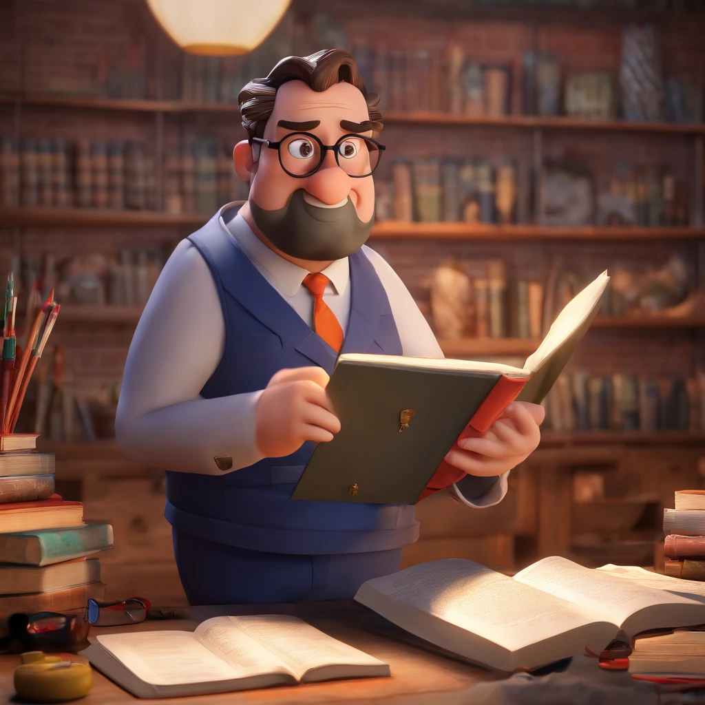 Create a Disney Pixar-inspired poster with the character of Pastor Rubens Janier, Un homme aux cheveux gris portant des lunettes, a suit, dans un bureau avec une Bible sur le bureau