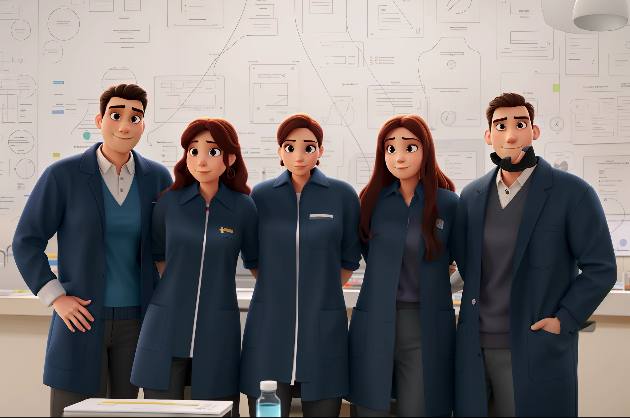 Two women and a three man in lab coats, Veterinary, estilo pixar, alta qualidade, melhor qualidade