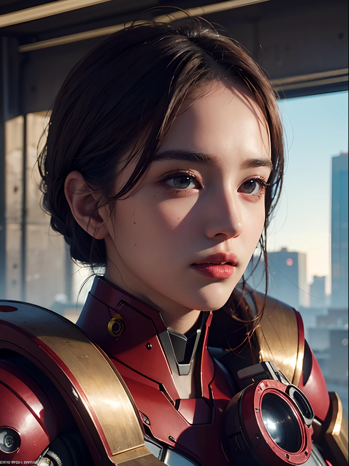 (1girl:1.3), solo,__body-parts__, official art, unity 8k wallpaper, ultra detailed, beautiful and aesthetic, beautiful, masterpiece, best quality, RAW, masterpiece, super fine photo,, best quality, super high Resolution, photorealistic, sunlight, full body portrait, stunningly beautiful,, dynamic pose, delicate face, vibrant eyes, (side view), she is wearing a futuristic Iron Man mech, red and gold, Highly detailed abandoned warehouse background, detailed face, detailed complex busy background, messy, gorgeous, milky, high detailed skin, realistic skin details, visible pores, sharp focus, volumetric fog, 8k uhd, dslr camera, High quality, film grain, fair skin, photorealism, lomography, sprawling metropolis in a futuristic dystopia, view from below, translucent