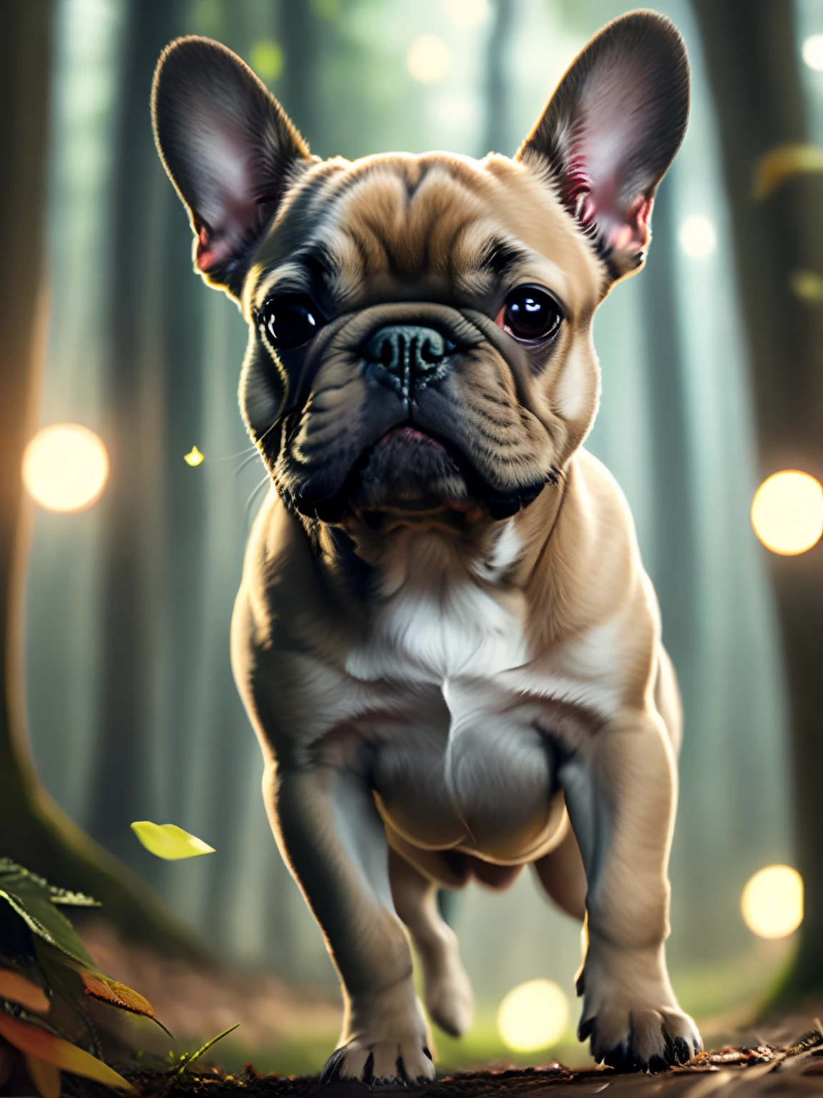 close-up photo of a French Bulldog puppy jumping very cute in the forest, Fawn Color Soft Volumetric Lights (retroiluminação: 1.3), (kinematics: 1.2), detalhes intrincados (ArtStation: 1.3), Rutkowski