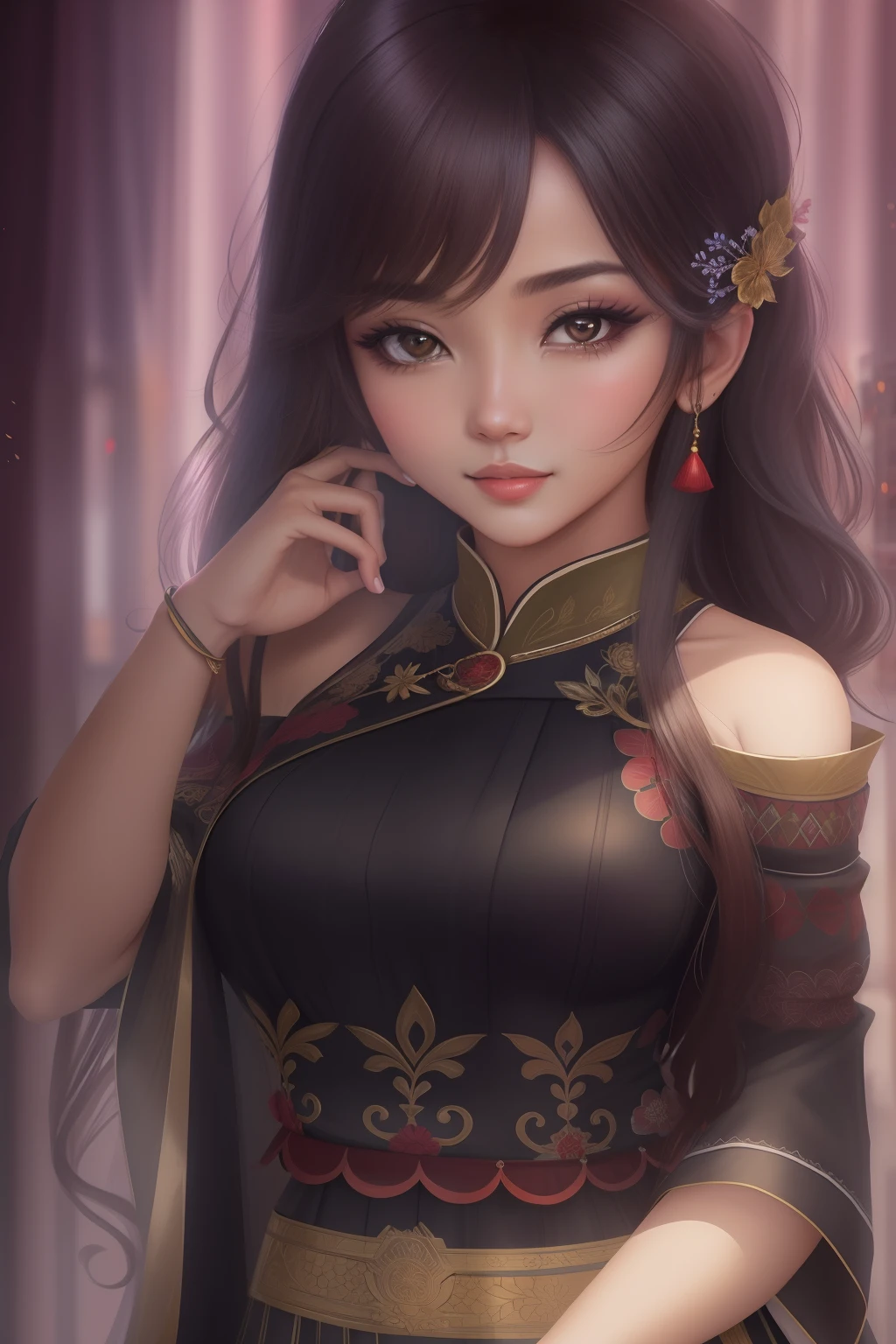 uma mulher bonita,Eastern-looking woman,Vestido orientalmente,Mulher bonita em primeiro plano,Cidade em segundo plano,Beautiful woman looks at the camera,Contra um fundo preto,blur