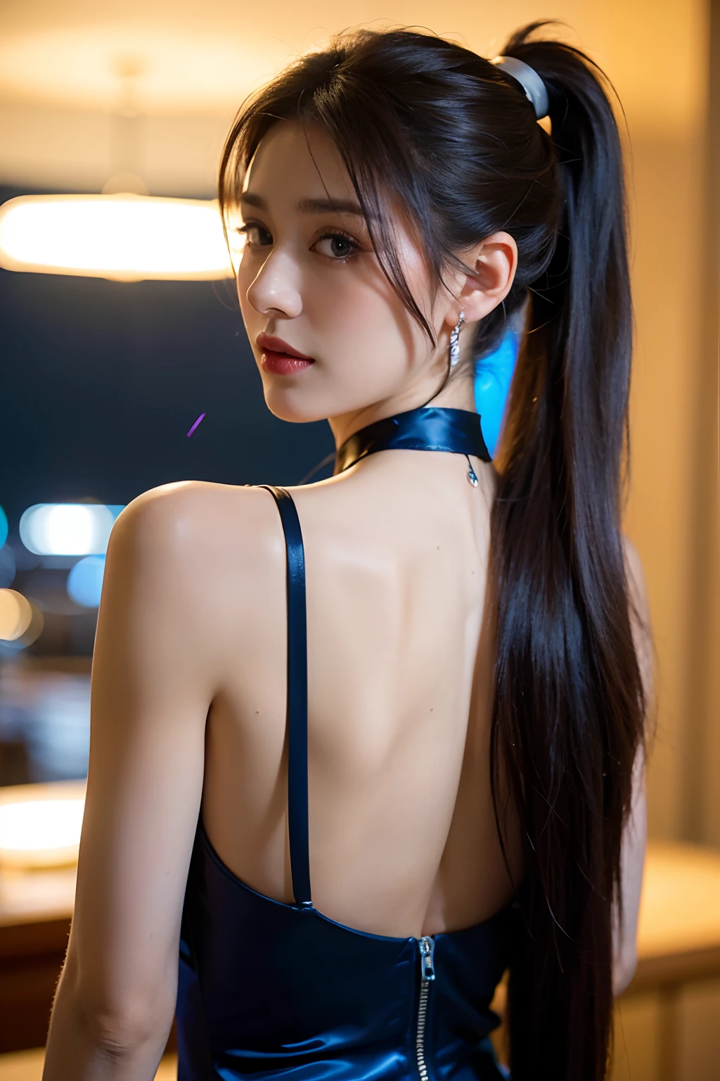 woman posing for a photo, (wearing deep_v-neck_dress:1.2), (long_ponytail_hairstyle:1.3),
good hand,4k, high-res, masterpiece, best quality, head:1.3,((Hasselblad photography)), finely detailed skin, sharp focus, (cinematic lighting), night, soft lighting, dynamic angle, [:(detailed face:1.2):0.2],(((5 stars hotel background))),