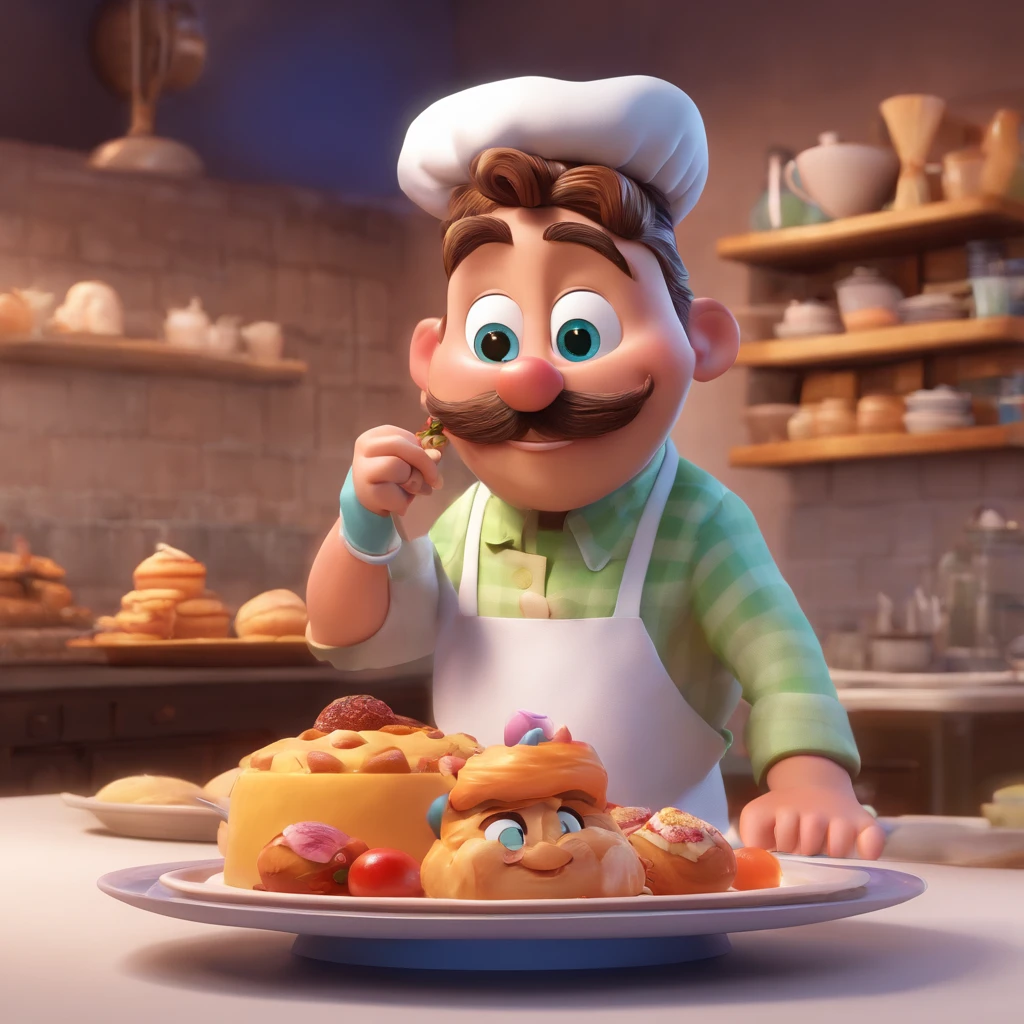 Create a Disney Pixar-inspired poster with the character being a dreamy pastry chef, a man wearing dolma, em uma confeitaria com um fouet sobre a mesa bolos