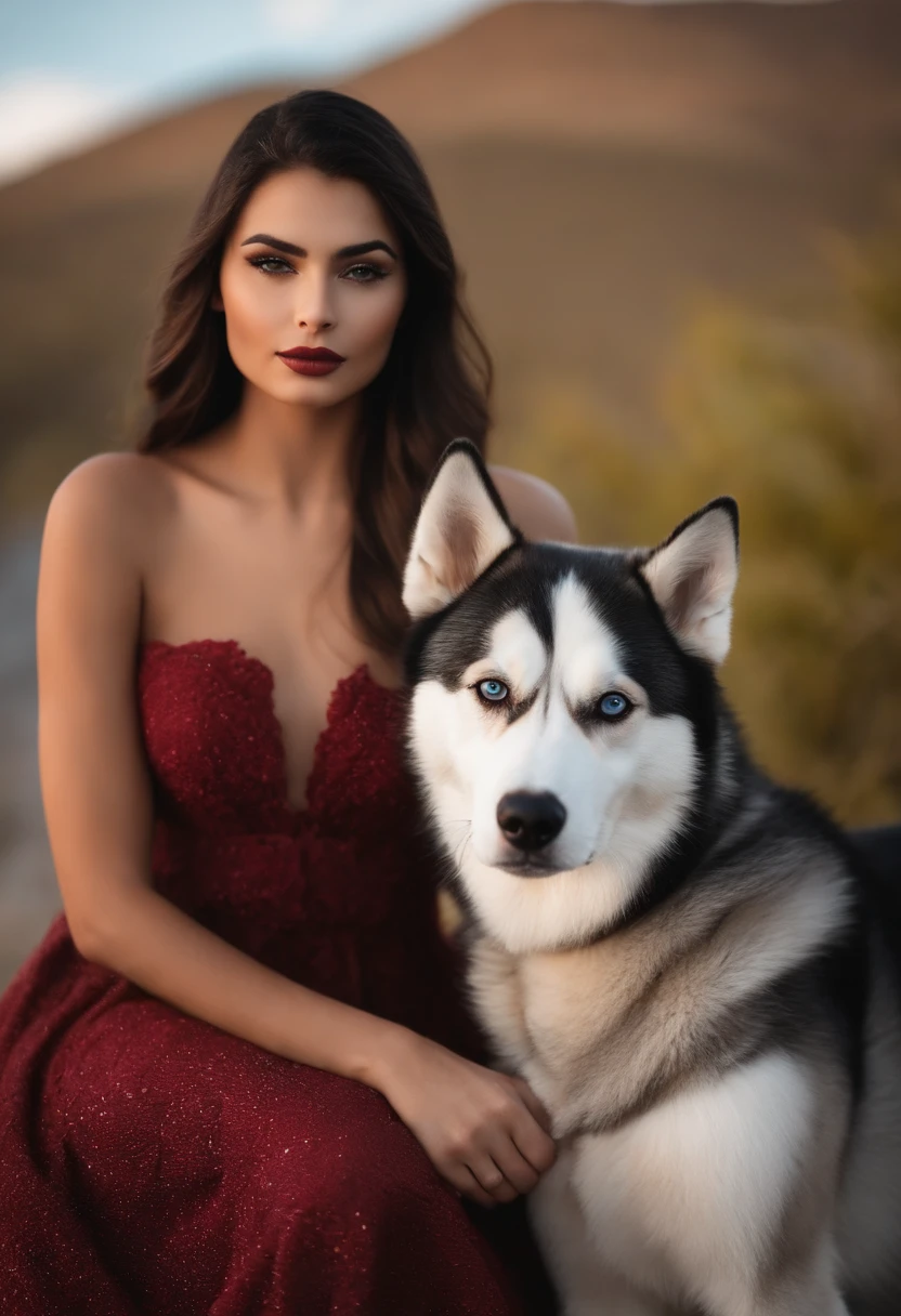 Fotorrealista de uma jovem mulher morena, 21 anos, Usando um vestido colorido, sobrancelha perfeita, Perfect lips, nariz perfeito, Cor profissional graduada, mulher maravilhosa, mulher russa bonito, foco nítido, cabelos longos, Praia, Natural Skin Characteristics,Modelos,imagem de corpo inteiro,looking-into-camera, Natural Fur Sharp Line with a Female Siberian Husky by her side on the mountain
