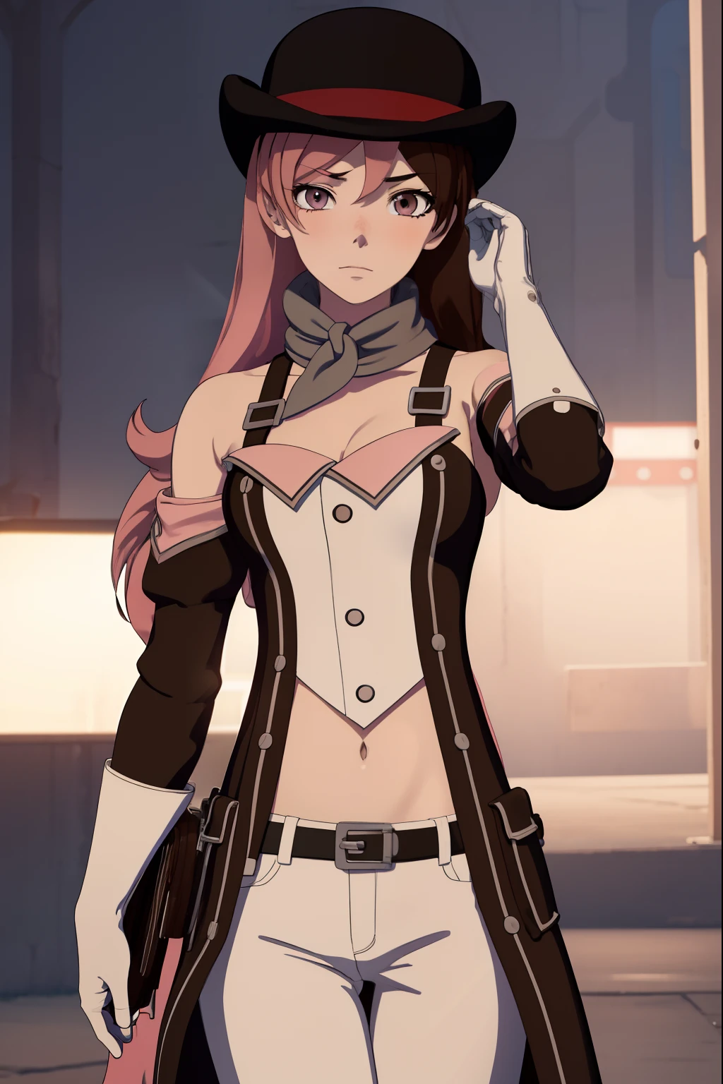 neopolitan, neopolitan, Long hair, Brown hair, (Brown eyes:1.3), Pink hair, multicolored hair, Pink eyes, Two-tone hair, (Heterochromia:1.2), split-colored hair,
BREAK gloves, hat, Navel, Brown eyes, Detached sleeves, Midriff, Belt bag, Pants, White Gloves, black headwear, Bowler has,
BREAK outdoors,
BREAK looking at viewer, (Cowboy Shot:1.5),
BREAK (masutepiece:1.2), Best Quality, High resolution, Unity 8k壁纸, (Illustration:0.8), (Beautiful detailed eyes:1.6), extra detailed face, Perfect Lighting, extremely details CG, (Perfect hands, Perfect Anatomy),