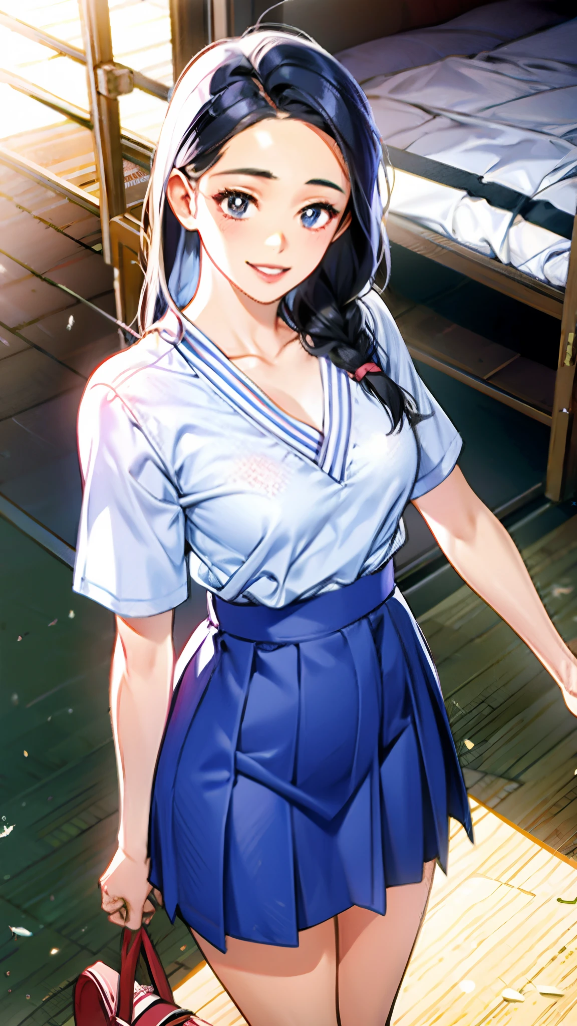 Alafed asian woman in short skirt and white shirt, surreal schoolgirl, cute schoolgirl, surreal schoolgirl, Japan girl uniform, realistic schoolgirl, JK school uniform, girl portrait, cute face with arms and legs, Seifuku, Sakimi-chan, cute core, realistic young gravure idol, high school girl posing, cute smile, cute pants, 🤤