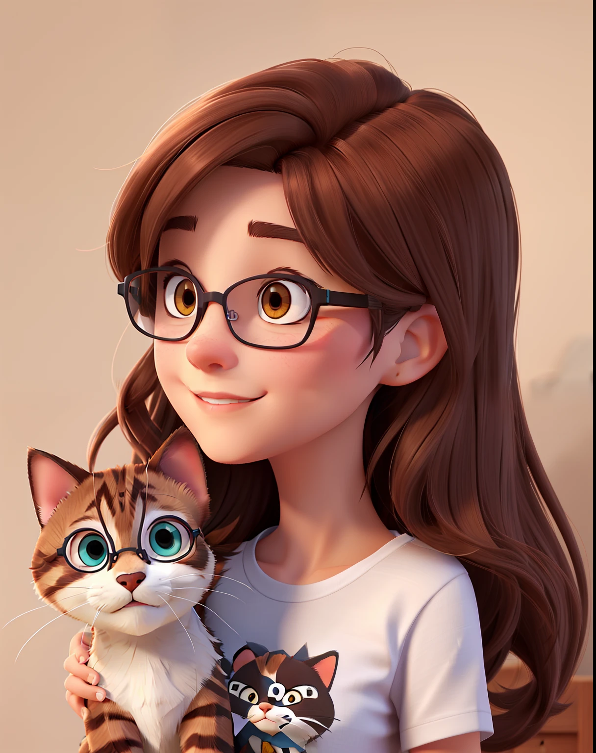 beautiful woman, straight brown hair, dark brown eyes, glasses, wearing a t-shirt with a cat drawn on it