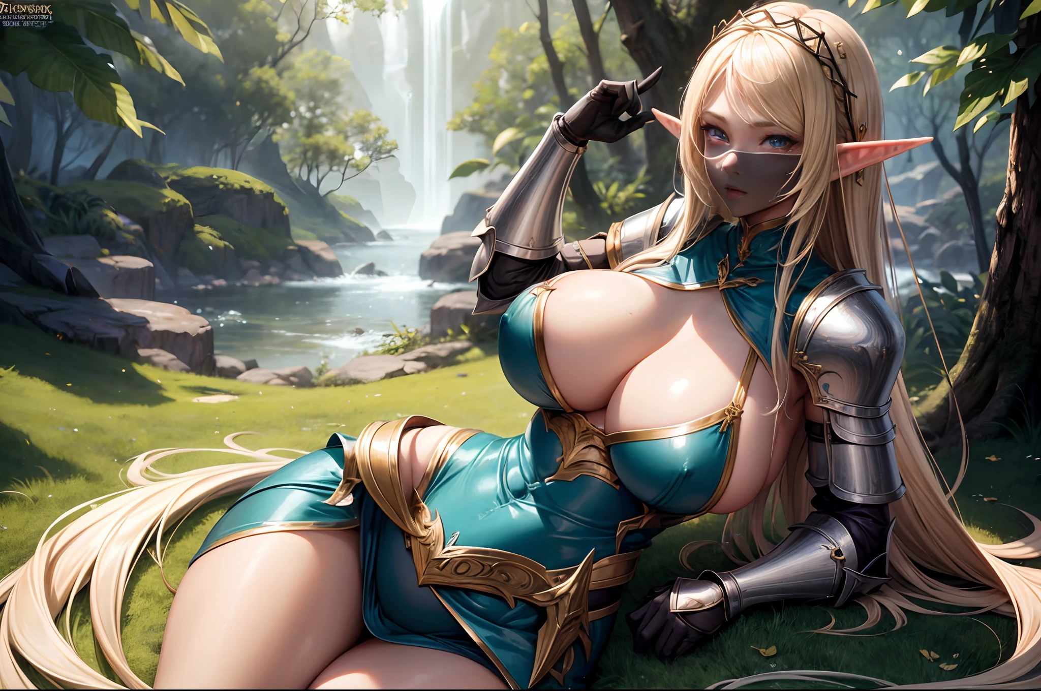 1 girl, Long blonde hair, elf, Pointy ears, Detailed face, Glossy lips, Huge breasts, Curvy, Wide hips, Thick thighs, bikini armor, Fantasy armor, forest, absurderes, A high resolution, ultrasharp, 8K, Masterpiece, view the viewer,