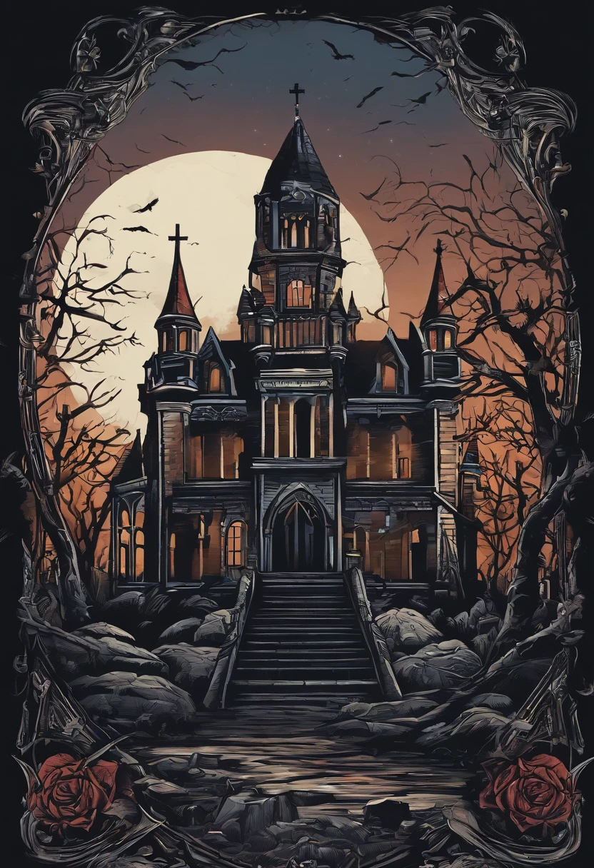 /imagine prompt: poltergeist illustration for a sticker with a black background, castle, graveyard, in bold outline style, jagged edges, trashcore, light shading --v 5.2