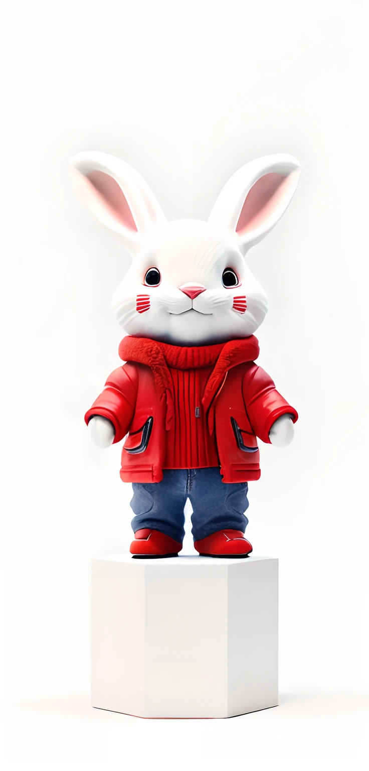 A male cartoon white rabbit in a red jacket and red jeans,Standing in front of it,(The left and right faces are symmetrical)3D statue plastic mold effect,Plastic metallic feel,Cartoon figures