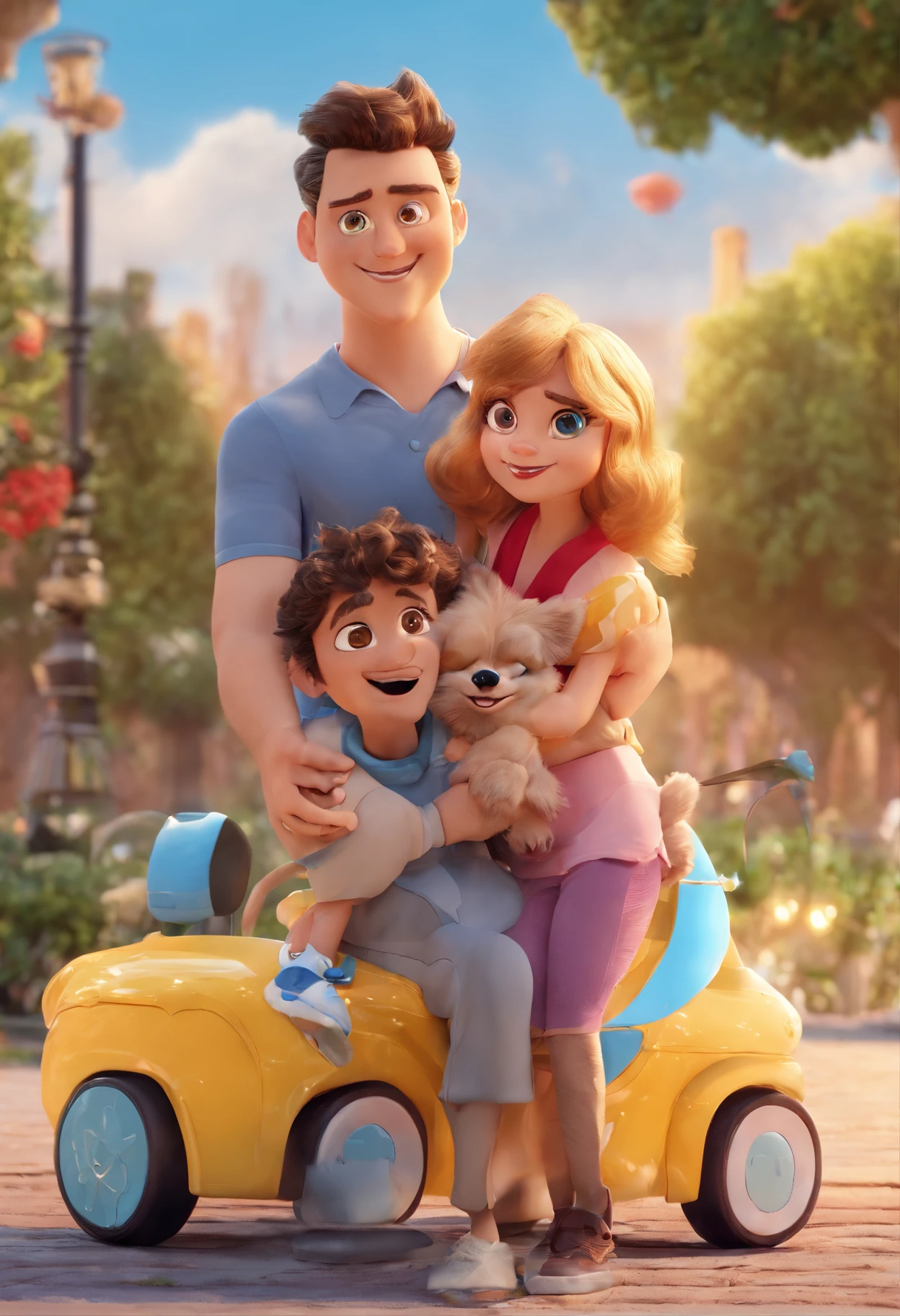 Estilo Pixar: Adult man is playing with a girl is a Pomeranian puppy Lulu,3D Poster,Disney