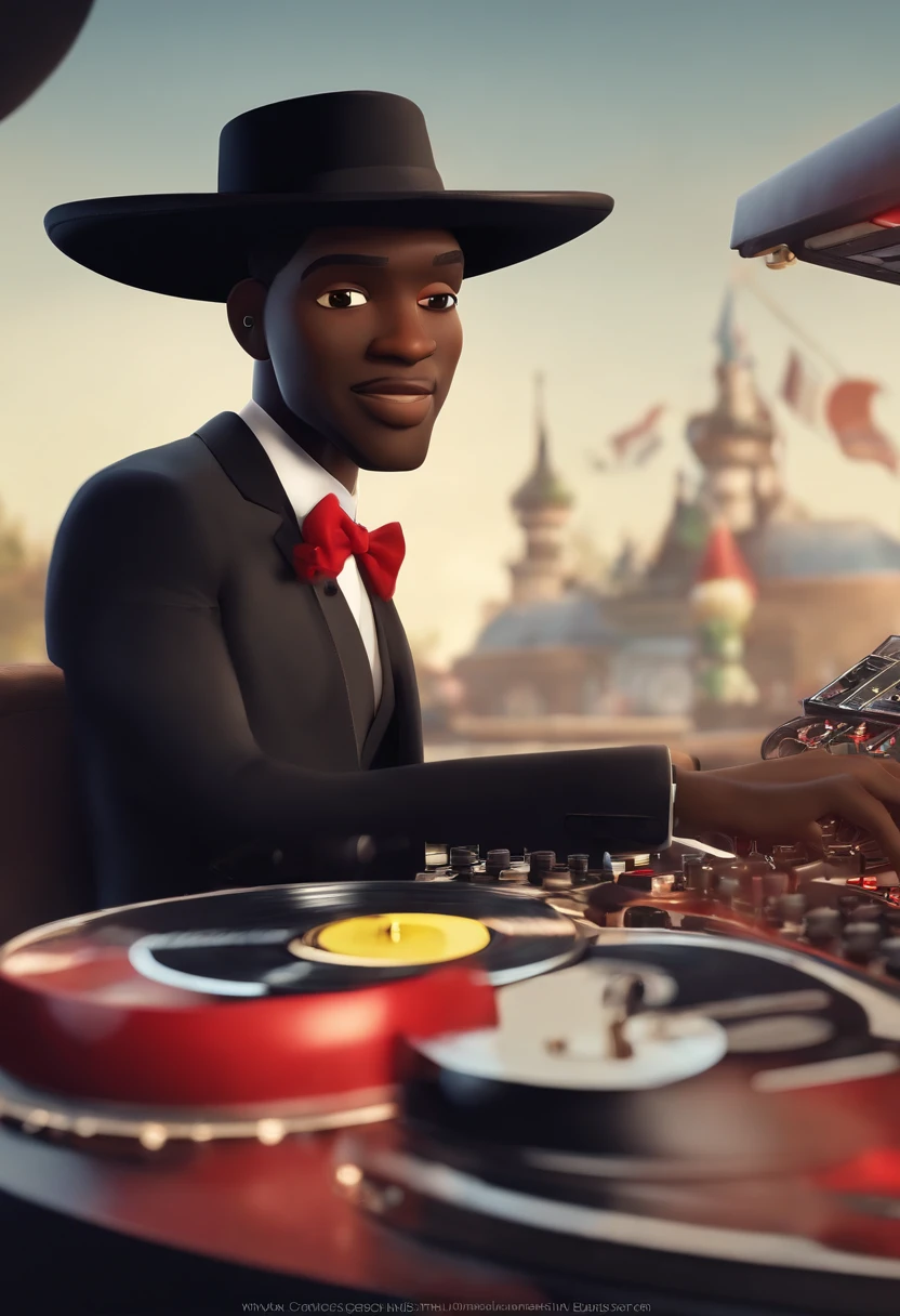 Make a pixar movie cover style poster featuring a black 34-year-old man, cabelos pretos cacheado curto, vestido de cor vermelha  "DJ ", com um uma plateia no fundo. Escrito " DJ RENILSON MARQUES". Images must be last defined, just like the Pixar cartoons are.