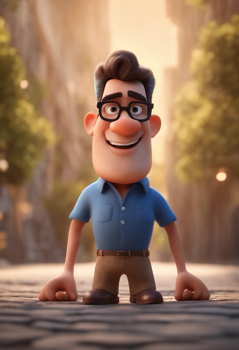 Cartoon character of a man with black glasses and a blue shirt, animation character, Caractere estilizado, animation style rendering, 3D estilizado, Arnold Maya render, 3 d render stylized, toon render keyshot, Personagem 3D, Personagem 3D, 3d rendering stylized, 3 d character render, personagem de desenho animado, Personagem de close up, Pose de personagem,  (Estilo Pixar) (master part:1.2) (Bokeh) (best quality) (pele detalhada) (textura detalhada) (8k) (argila) (Cinematic lighting) (foco nítido