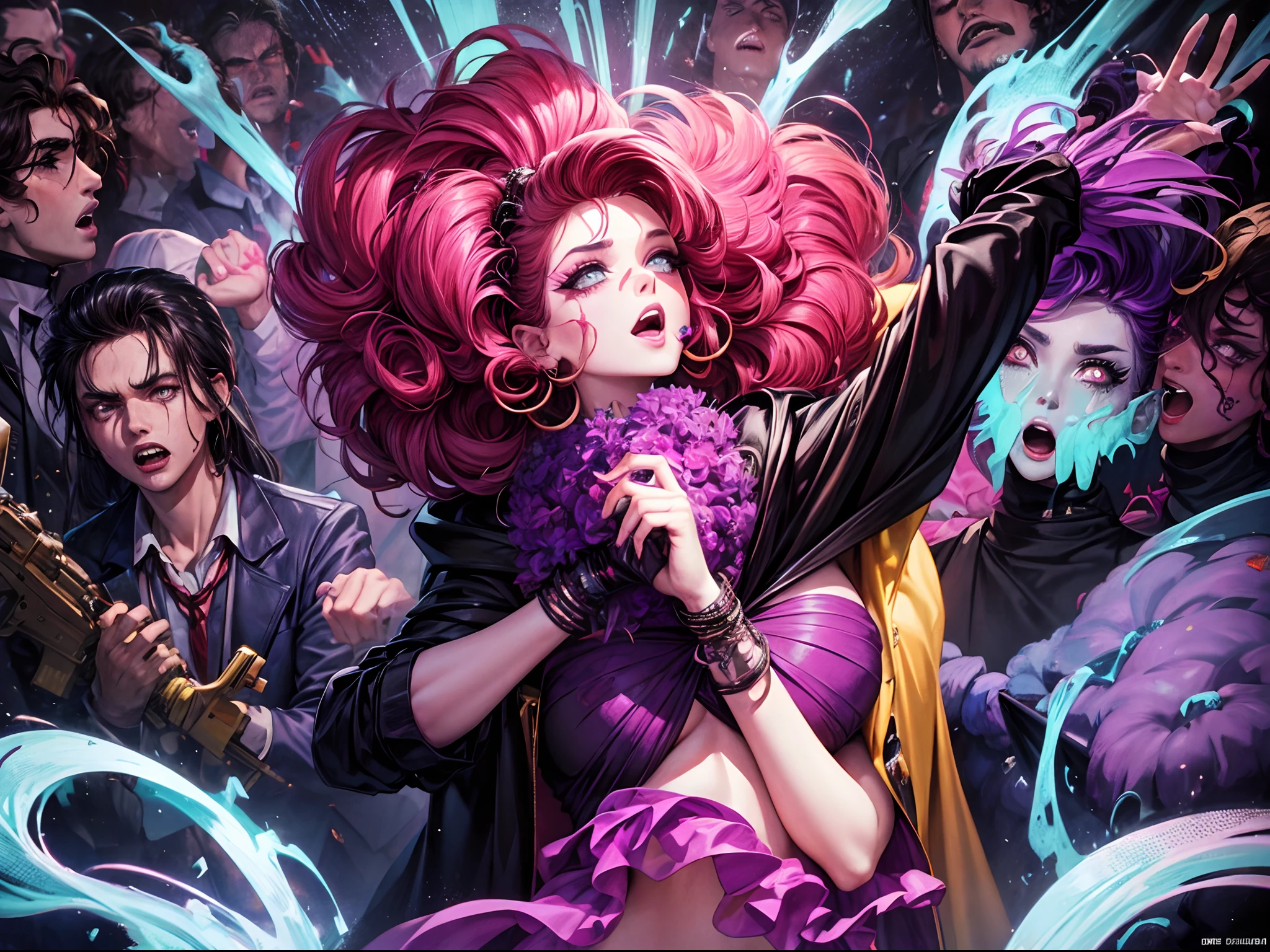 a mob of awfully-1980s hair zombies, in the style of exuberant album cover-art, 80s fab, glam death, uhd image, exuberant
