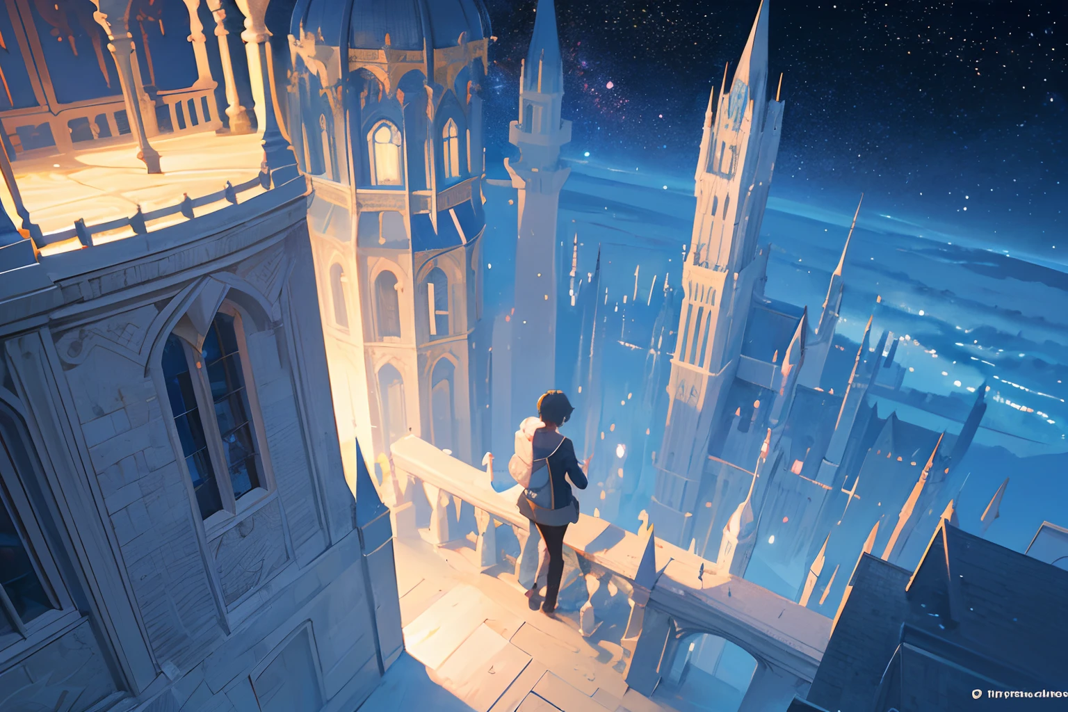 Create exquisite illustrations reminiscent of Makoto Shinkai's style, It has ultra-fine details and top-notch quality. Create an illustration of a fantastical castle floating in space. The castle is equipped with structures like telescopes and astronomical observatories, Looks like an astronomical facility. The space in the background is filled with stars, Create an enchanting and dreamy atmosphere. This scene is、It captures the wonder and curiosity that comes with exploring space, The mystical charm of the castle meets the vastness of space.