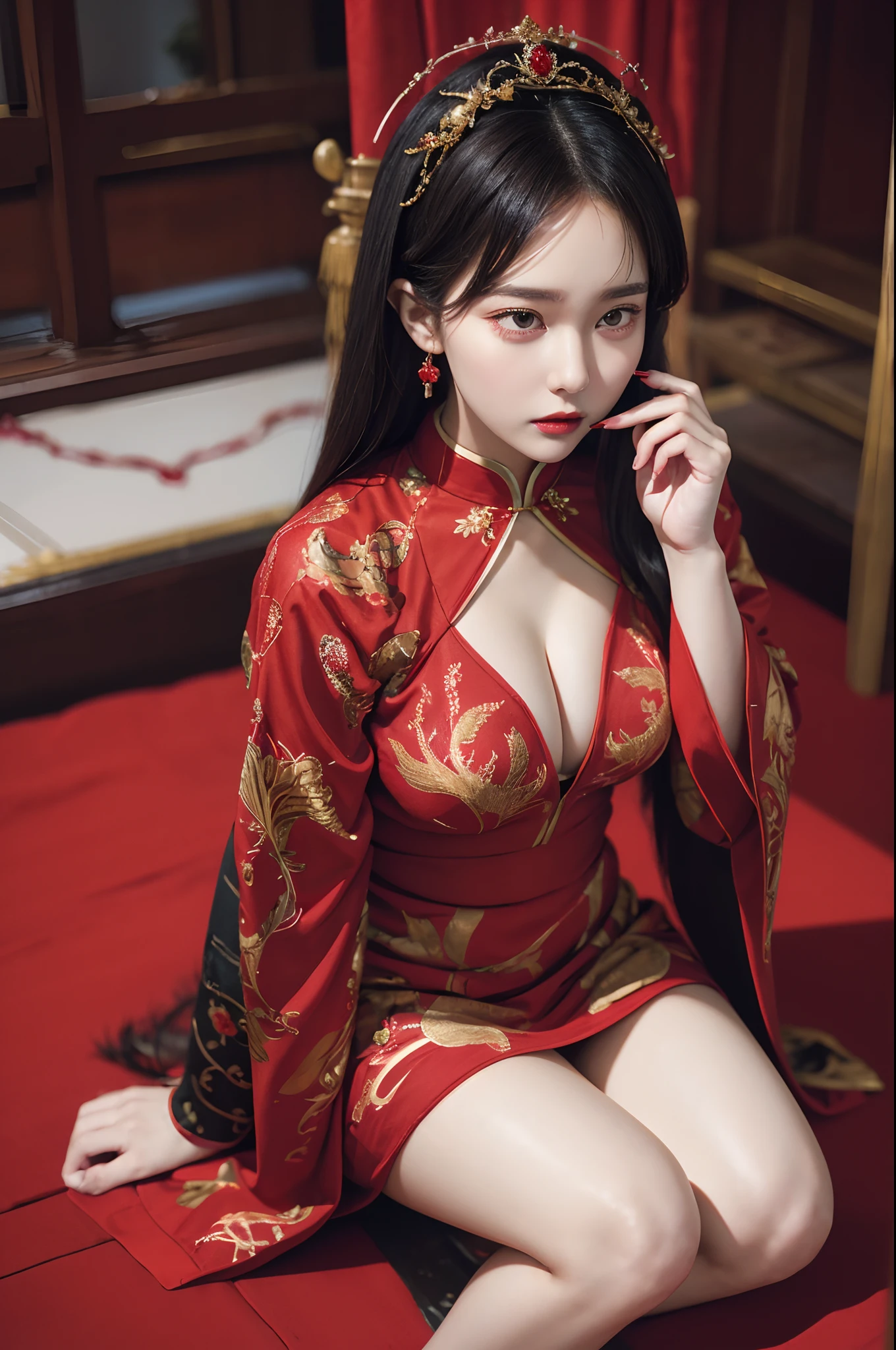 (Ultra-realistic 8K CG:1.2),Perfect artwork,delicate patterns,Complicated details,Heavy makeup,(Unbeatable masterpiece,Best quality at best:1.2),(extremly intricate:1.2),A beautiful cyberpunk woman,A woman in a red and gold dress,(Bare legs1:1.2),Phoenix crown,hair stick,(sitting on red bed),cosmetics,Be red in the face,is shy,black_Hair,looking-down,cosmetics,(forehead dot),(2 red candles),Chinese_clothes,窗帘,耳Nipple Ring,Hair_decorations,Hanfu,inside in room, jewely,rednails,Long_Sleeves,reddress,Redlip,nipple tassels,(Red quilt),(red palace:1.2),(Chinese Ancient Architecture),(rot:1.8),natta