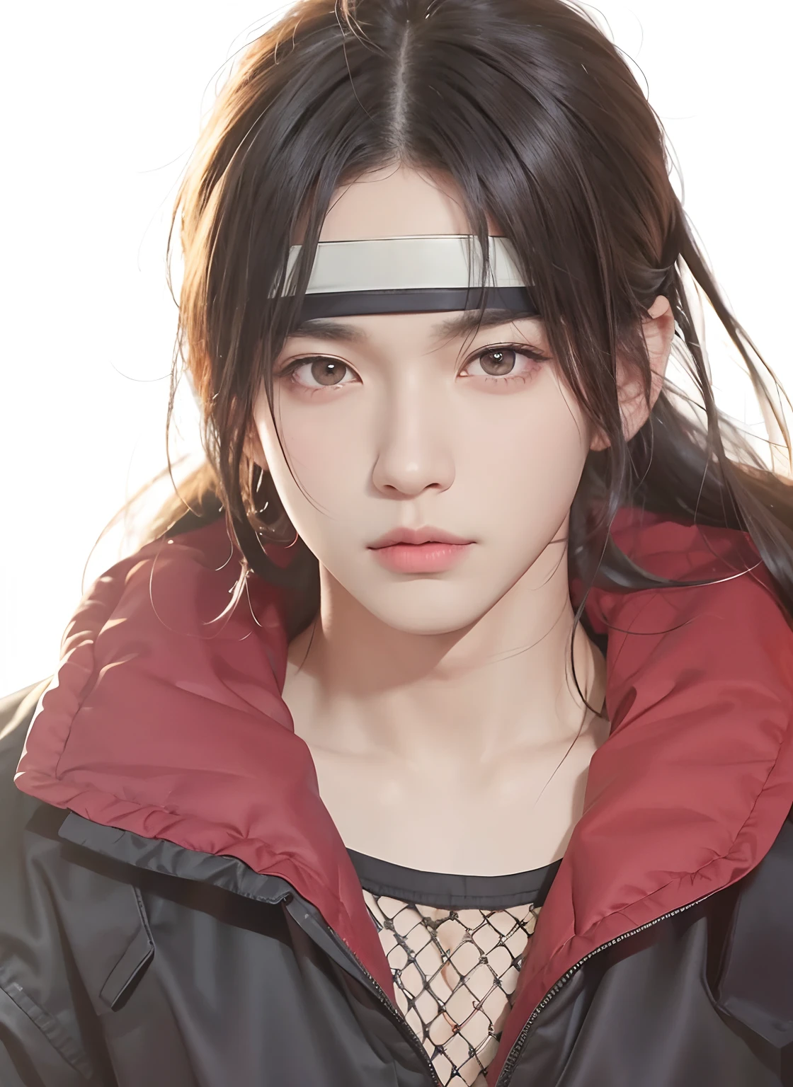 A boy with realistic long black hair, realistic headband, realistic Korean handsome face, realistic cool expression, exactly the same clothes,Realistic light, realistic shadows, realistic background
