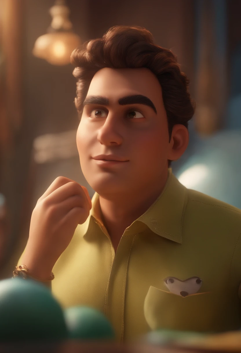 A Dream Ad Inspired by Pixar Animation, de perto. The character takes center stage with captivating facial expressions, oferecendo um toque de irrealidade, Cabelo curto e gordinho gradiente, uma camisa estilosa com detalhes de fogo.
