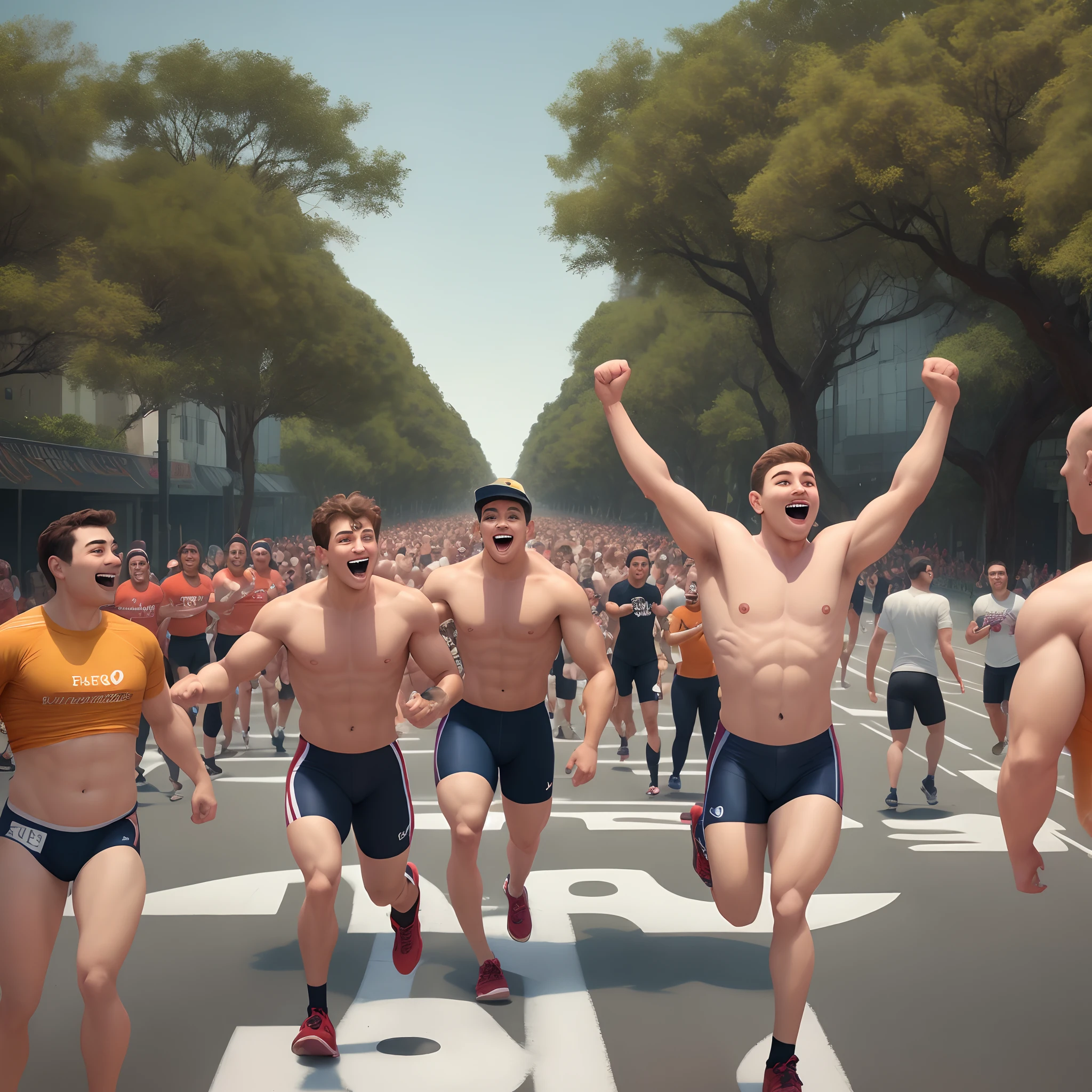 Modelo Disney Pixar
Jovem rapaz, atleta de corrida no asfalto, chest number 334, semblante fechado, Trees and people celebrating on the edge of the asphalt