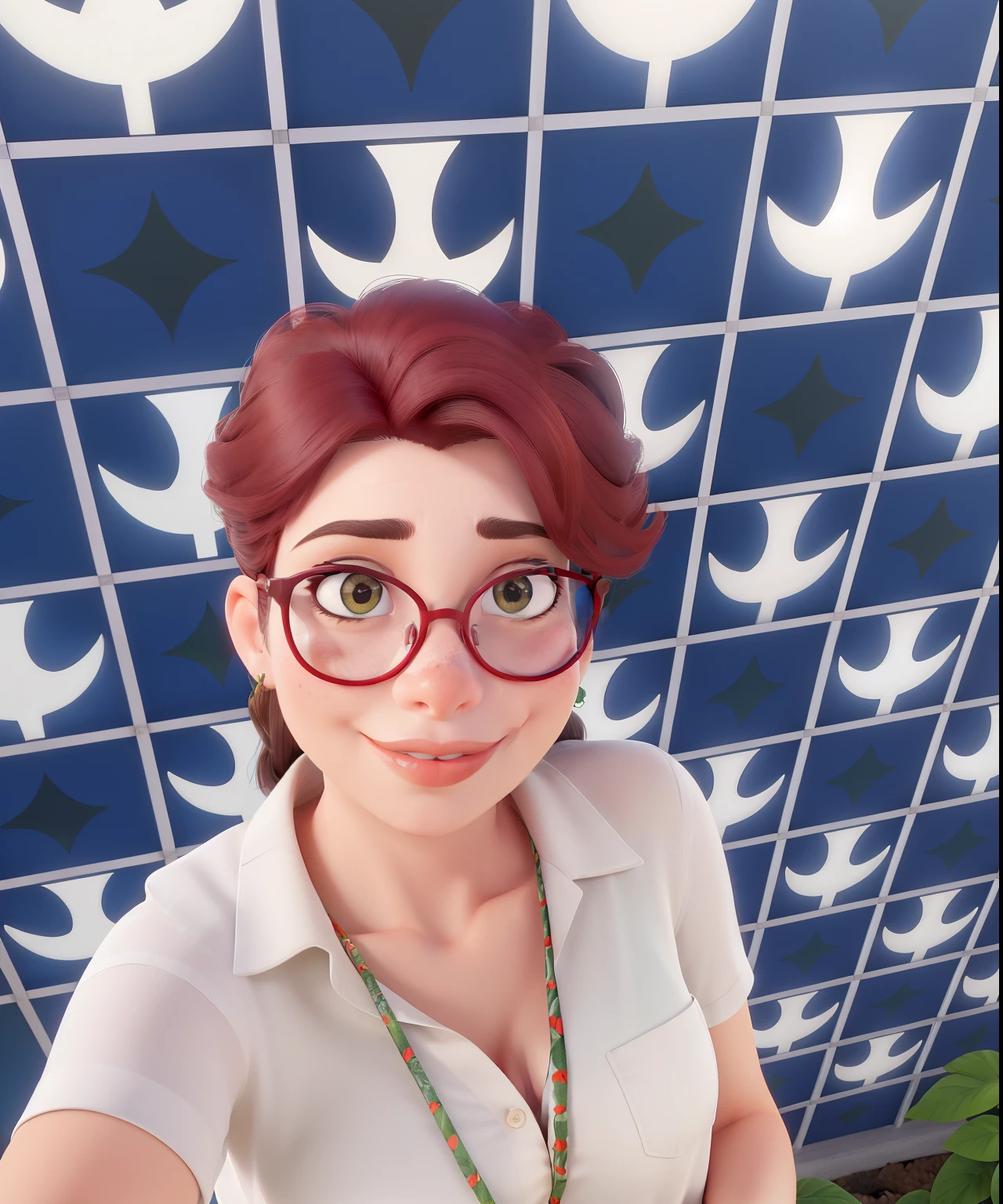(alta qualidade,master part:1.2),mulher de cabelos cacheados,red-framed eyewear,Black shirt with red and blue flower pattern,segurando uma planta contra um fundo de plantas medicinais,Artistic style, cores vibrantes, soft lighting, detailed facial features, botanical illustration, texturas realistas, Expressive eyes and lips (best quality,4k,8k,Altas,master part:1.2),Cabelos cacheados detalhados,Shiny frames on the windows,Delicate flower pattern on shirt,textura das folhas nas plantas,sombras sutis no rosto,Warm, natural lighting to enhance the botanical atmosphere,Main focus on woman's expressive eyes and lips,cores vermelhas e azuis vivas na camisa e plantas, lush vegetation in the background,meticulous attention to detail