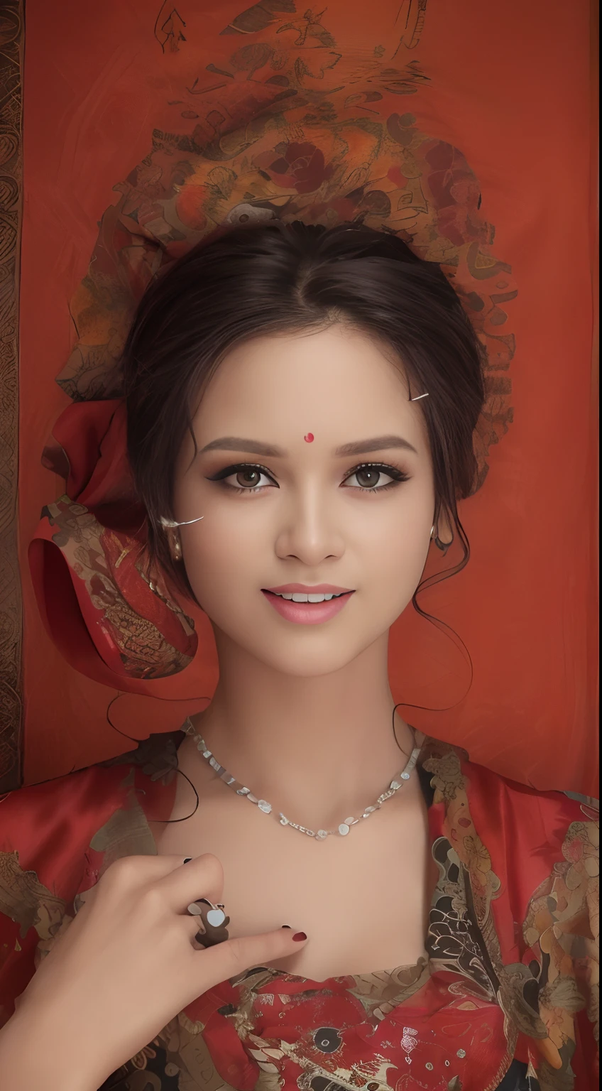 Masterpiece, Best Quality, 3D Rip Artwork, 3DMM Style, Close-up, Portrait, Realism, a woman beautifully makeup, eyeshadow, Parted Lips, Challenge Eye, beautiful big eyes, long eye lashes, wearing ((red and black satin headscarf)), (( satin shirt)), ((batik satin long maxi skirt)), strolling on a trail in the spring, garden, river