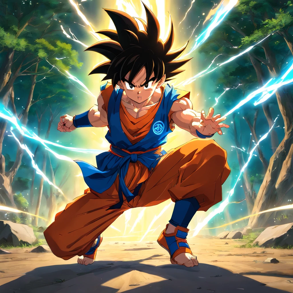 Goku super syajin 2 em uma pose de luta, em um campo de batalha, feito por akira toriyama