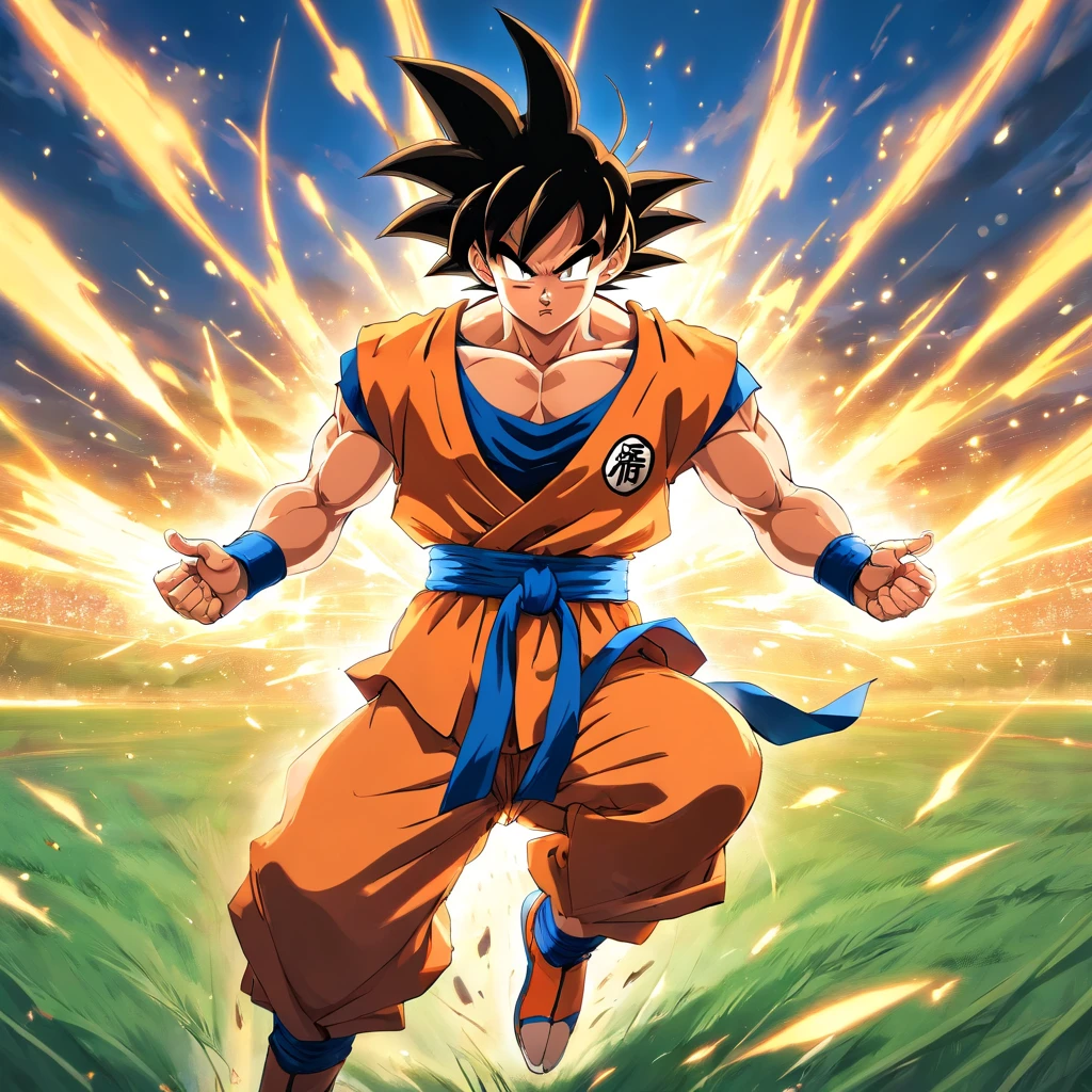 Goku super syajin 2 em uma pose de luta, em um campo de batalha, feito por akira toriyama