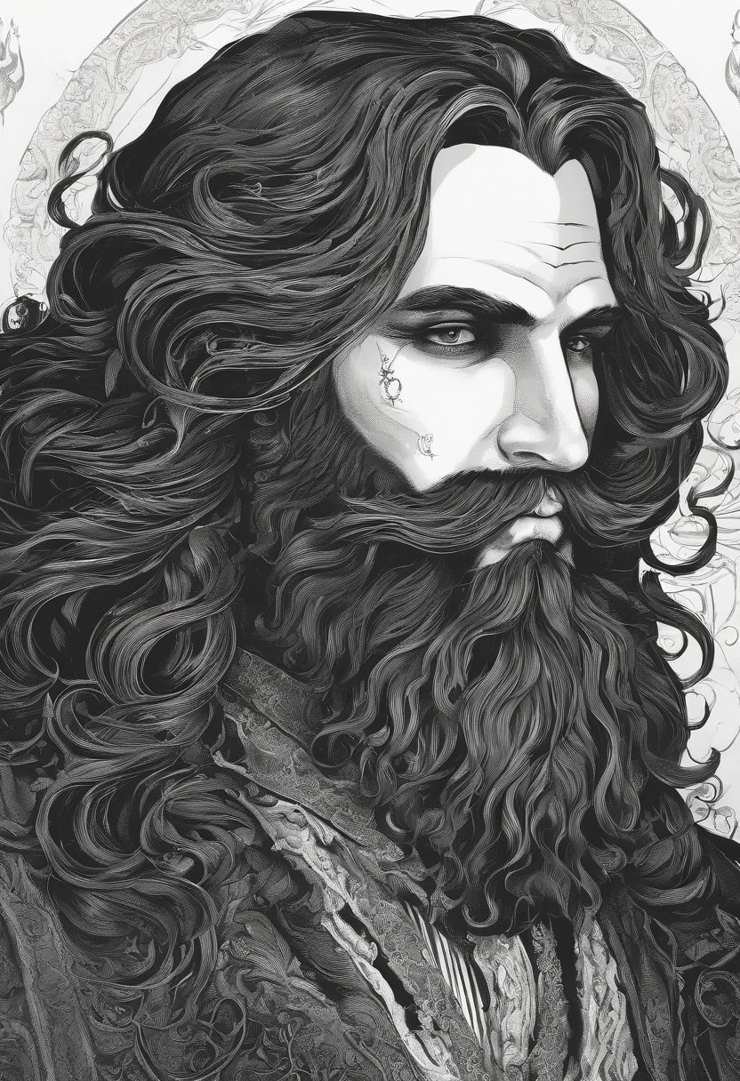Bearded, portly man with wild, long hair and a mid length beard. Crazed eyes and a smile on his face. Looks to be mid-30's in age and has dark bags under his eyes. His smile reveals vampire fangs.