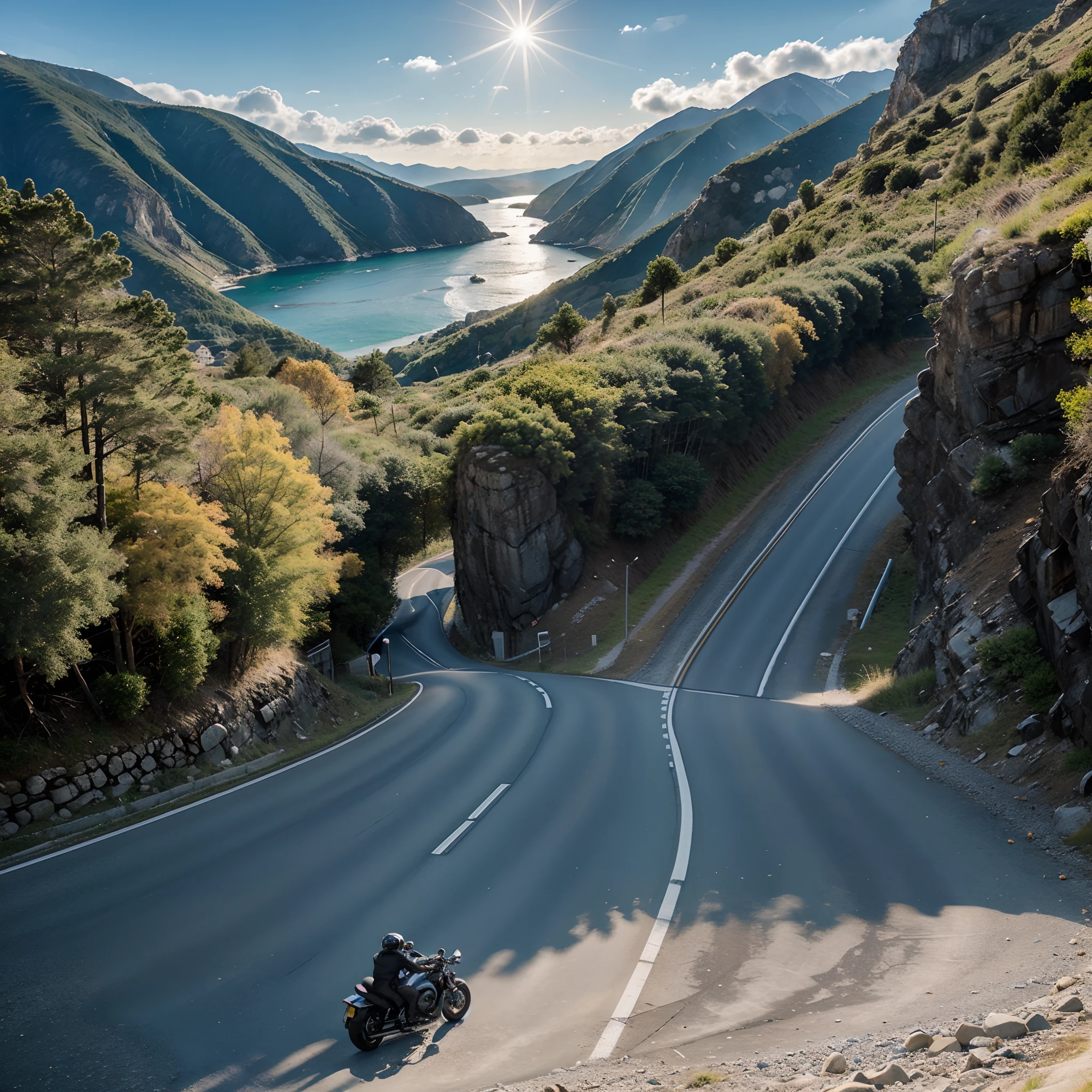 group of motorcyclists descending a winding road between the mountains by the sea with their motorcycles. Clear, sunny day with a big sun reflecting off the sea.