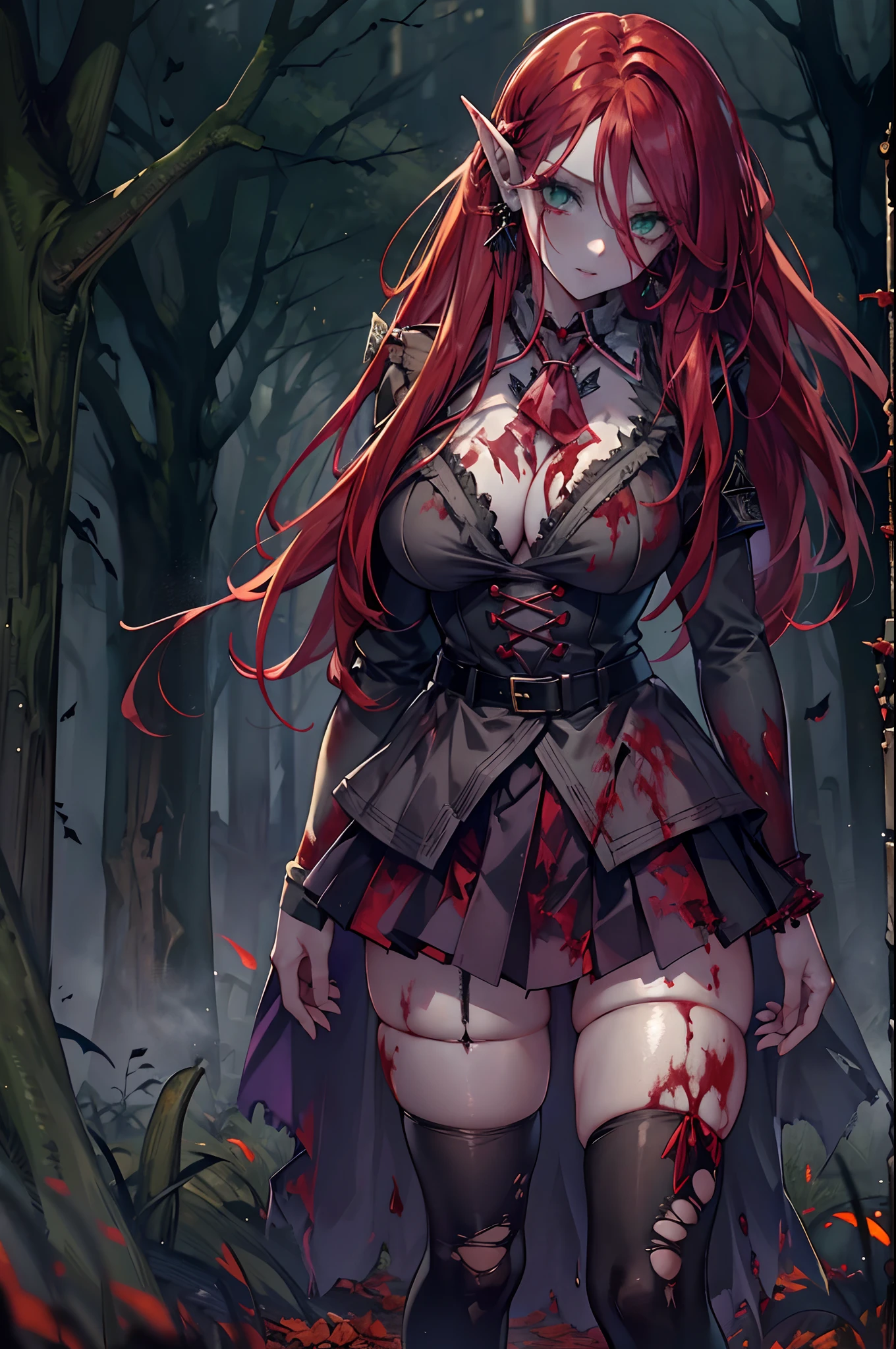 Realistic and detailed image of a zombie elf. Dressed in torn school uniform and ripped pleated mini skirt. Unusually shiny long silky scarlet red hair. Green eyes. She has earrings and long eyelashes. Has full lips. Large breasts, slim waist, very wide hips and thick thighs. Dark smile. Back arched. Dark mood. Foggy night, Halloween. crawling. Cemetery.