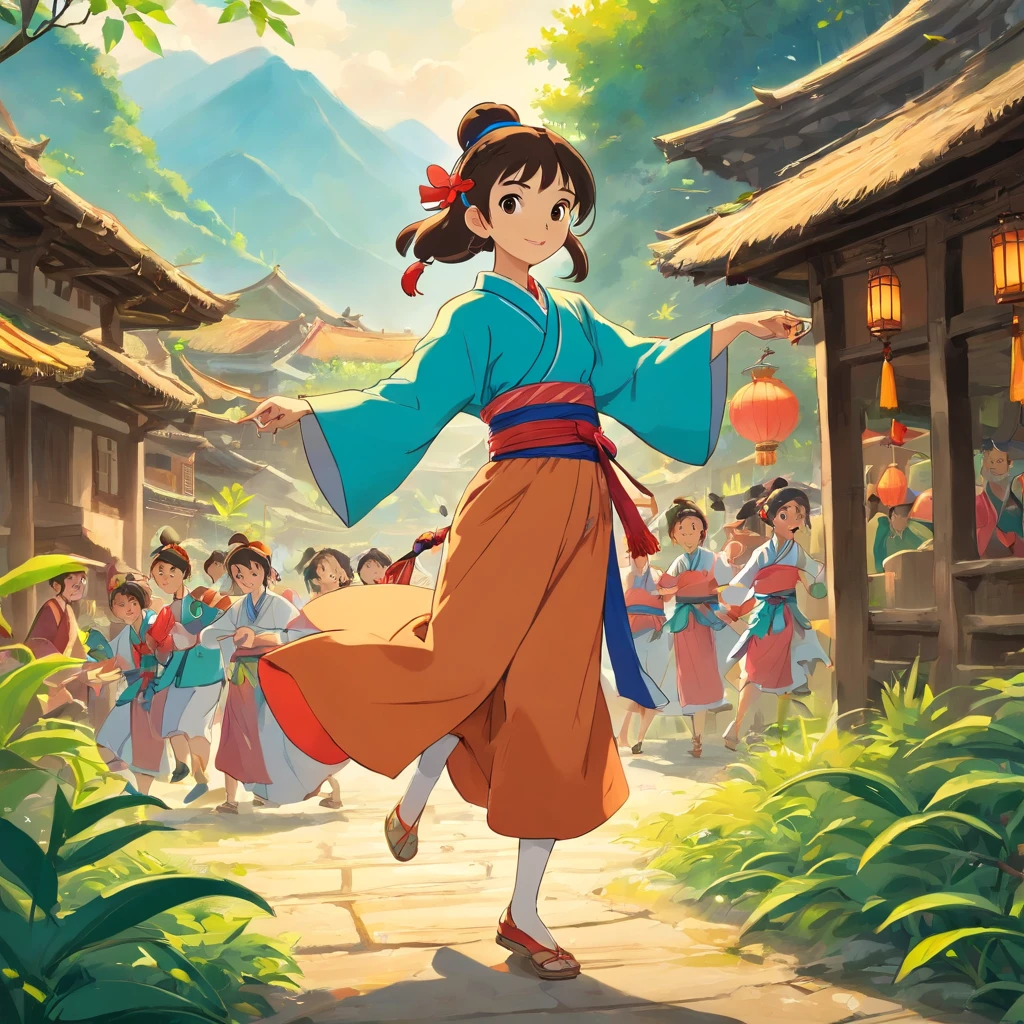 rural village background,Zhuang people,Sing mountain songs,Guangxi Mountain,a color,group of people,Girl,Zhuang costumes, Dance,Bamboo pole dance,Bamboo handicrafts,Bamboo pole dance,A group of ethnic groups with Guangxi Zhuang characteristics,Dance together,Fight monsters,Chase away the monsters