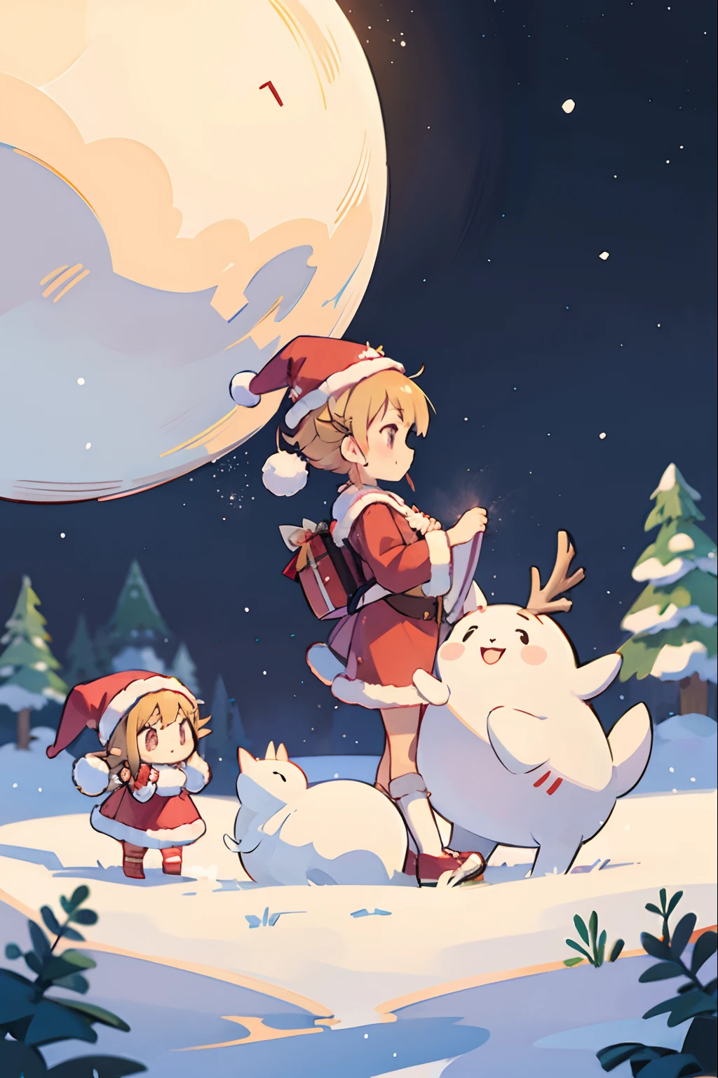Santa Claus happily carrying presents、Santa is a pretty girl、Chibi Doll、Stars in the eyes(kirakira)、Eye Up、Laugh、Cute red shoes、foco nítido, Ultra Detail, radiant light、bio luminescent、snowscape、It's snowing、Draw a large snowflake in the foreground、Taken from the side、Stronger bokeh effect