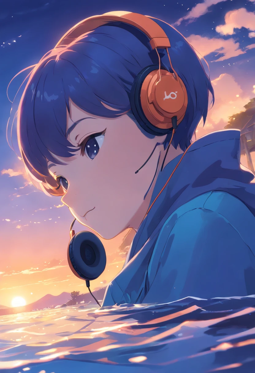 A masterpiece indigo seaotter with headphones, HD