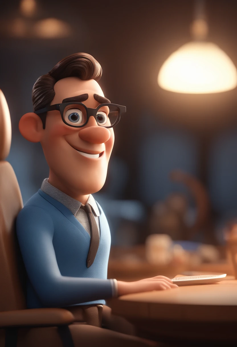 Cartoon character of a man with black glasses and a blue shirt, animation character, Caractere estilizado, animation style rendering, 3D estilizado, Arnold Maya render, 3 d render stylized, toon render keyshot, Personagem 3D, Personagem 3D, 3d rendering stylized, 3 d character render, personagem de desenho animado, Personagem de close up, Pose de personagem, (Estilo Pixar) (master part:1.2) (Bokeh) (best quality) (pele detalhada) (textura detalhada) (8k) (argila) (Cinematic lighting) (foco nítido