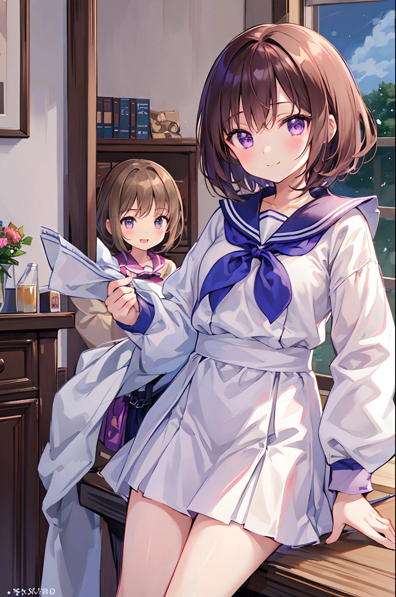 Mofumofu、oxytocin、longshot、High Position、(Best Quality), Round face、 1 girl,(High Detail Skin, (Puffy eyes), Smile, Soft lighting, High quality, Shortcut Hair,Purple eyes、Brown hair、Inside the room of a cute girl with a young schoolgirl、(Whole body-V、4-S750)、