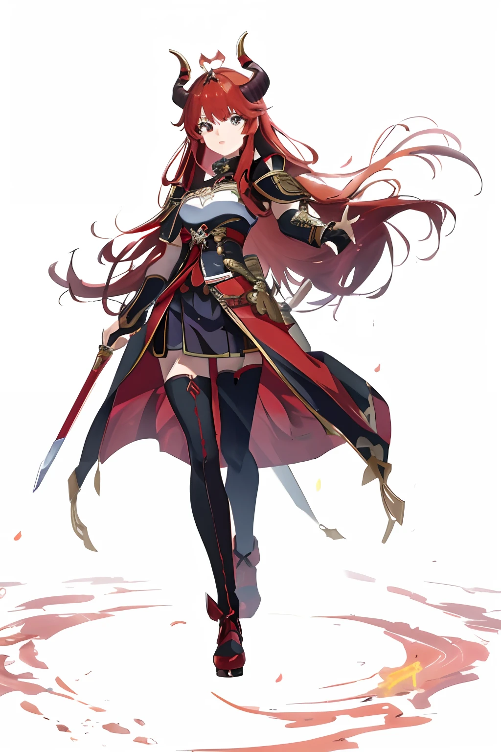 a woman with long red hair and a sword in her hand, ayaka genshin impact, genshin impact character, best anime character design, female anime character, female protagonist 👀 :8, ayaka game genshin impact, female action anime girl, official character art, anime character art, female protagonist, black and reddish color armor, anime girl with long hair, fix hand, correct hands, good hands, defined hands, human hands