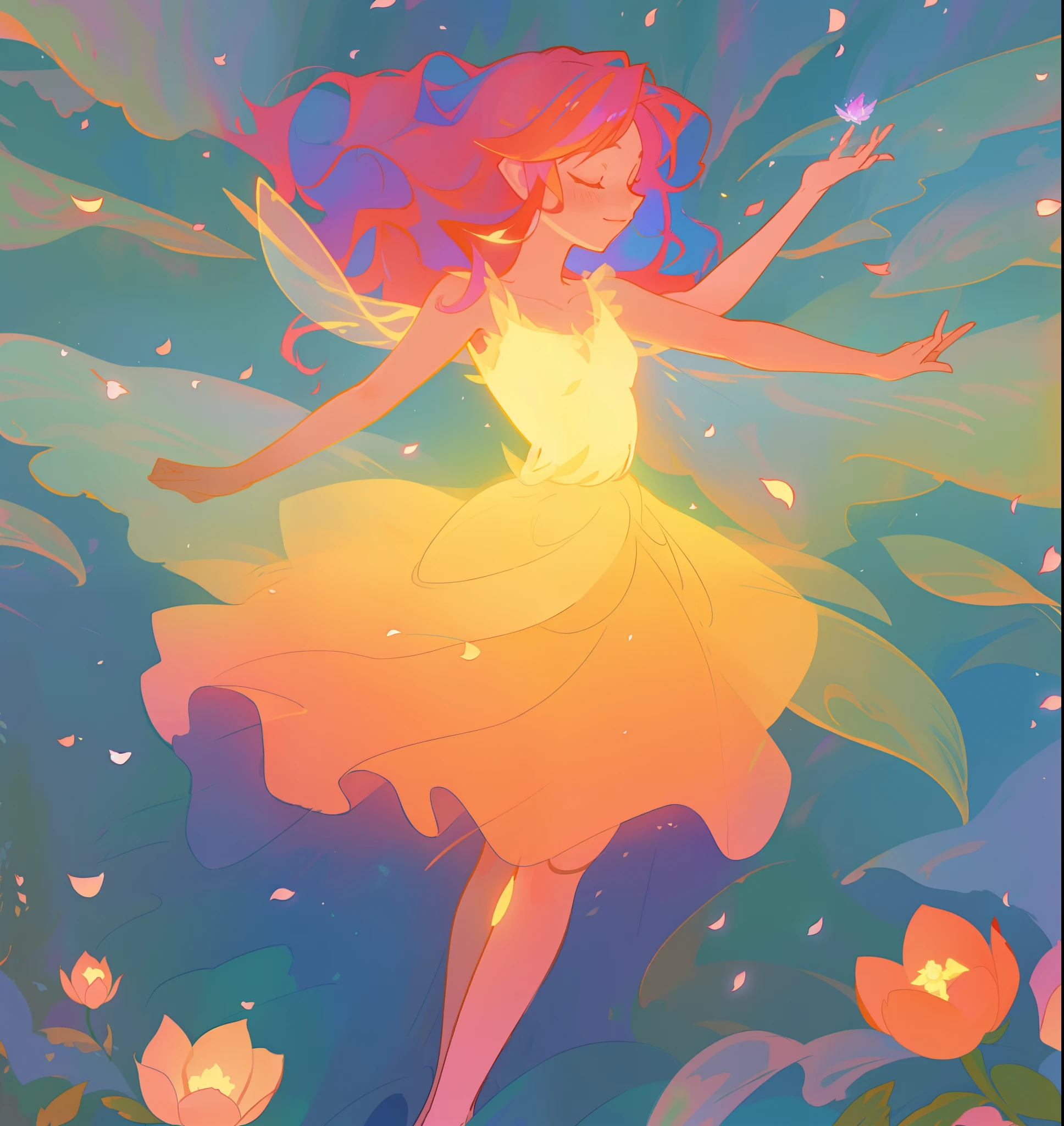 beautiful girl in tiered gradient ballgown dress, gradient warm color ballgown, ((layered flower petal skirt)), fairy dress, fairy queen, magical forest background, (glowing fairy wings), glowing flowing ballgown, long wavy hair, sparkling fairy wings, watercolor illustration, flowers and colorful plants, inspired by Glen Keane, inspired by Lois van Baarle, disney art style, by Lois van Baarle, glowing aura around her, by Glen Keane, jen bartel, glowing lights! digital painting, flowing glowing hair, glowing flowing hair, beautiful digital illustration, fantasia otherworldly landscape plants flowers, beautiful, masterpiece, best quality, anime disney style
