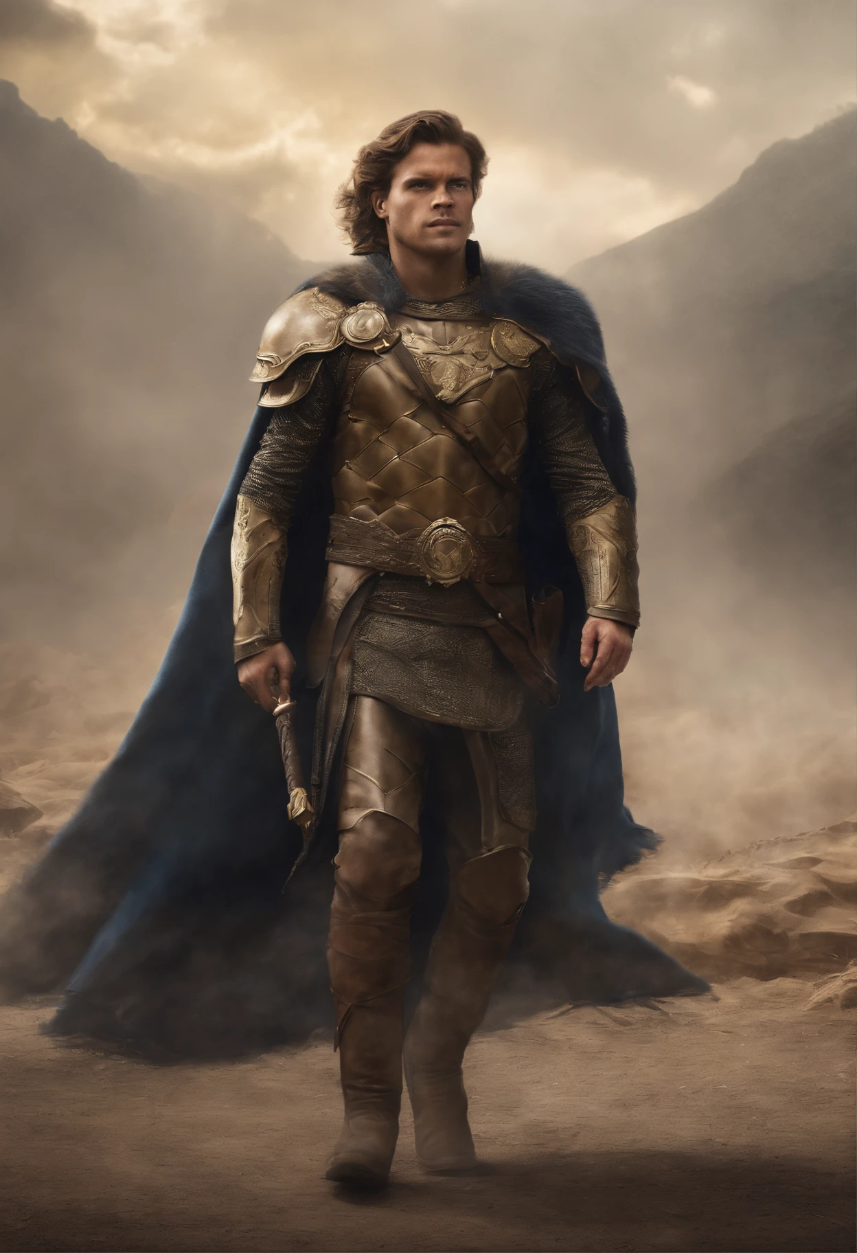 In a world of magic and dragons, Um jovem cavaleiro se destaca com seu traje moderno de armadura banhada a prata. Her brown hair is carefully combed, And your blue eyes sparkle with determination. He holds a warhammer in one hand and a shield in the other, pronto para enfrentar qualquer desafio. Sua capa, Adorned with gold trim, Adds a touch of elegance to your battle-ready look.