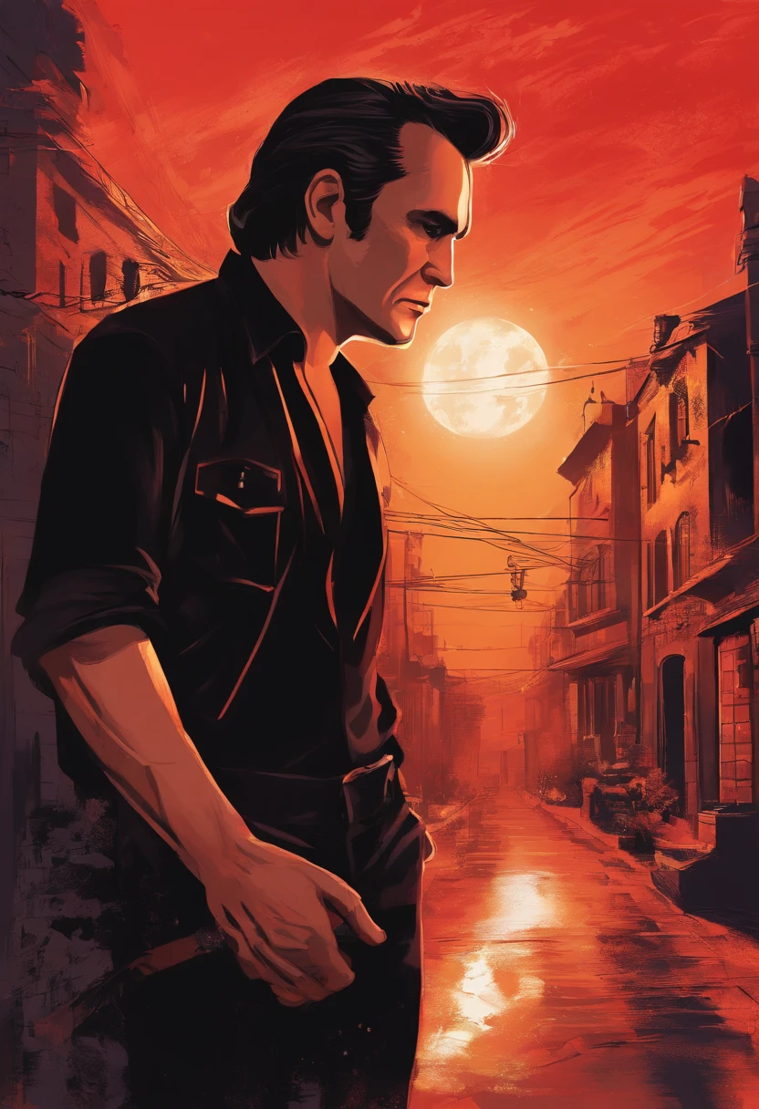 Johnny Cash, the man wearing a black t-shirt, short sleeve, stands in front of a graphitti art street. His hands are casually tucked into his pockets as he stares directly into the camera, his intense gaze capturing the attention of all who see it. The red light adds a haunting quality to the scene, making it truly unforgettable.