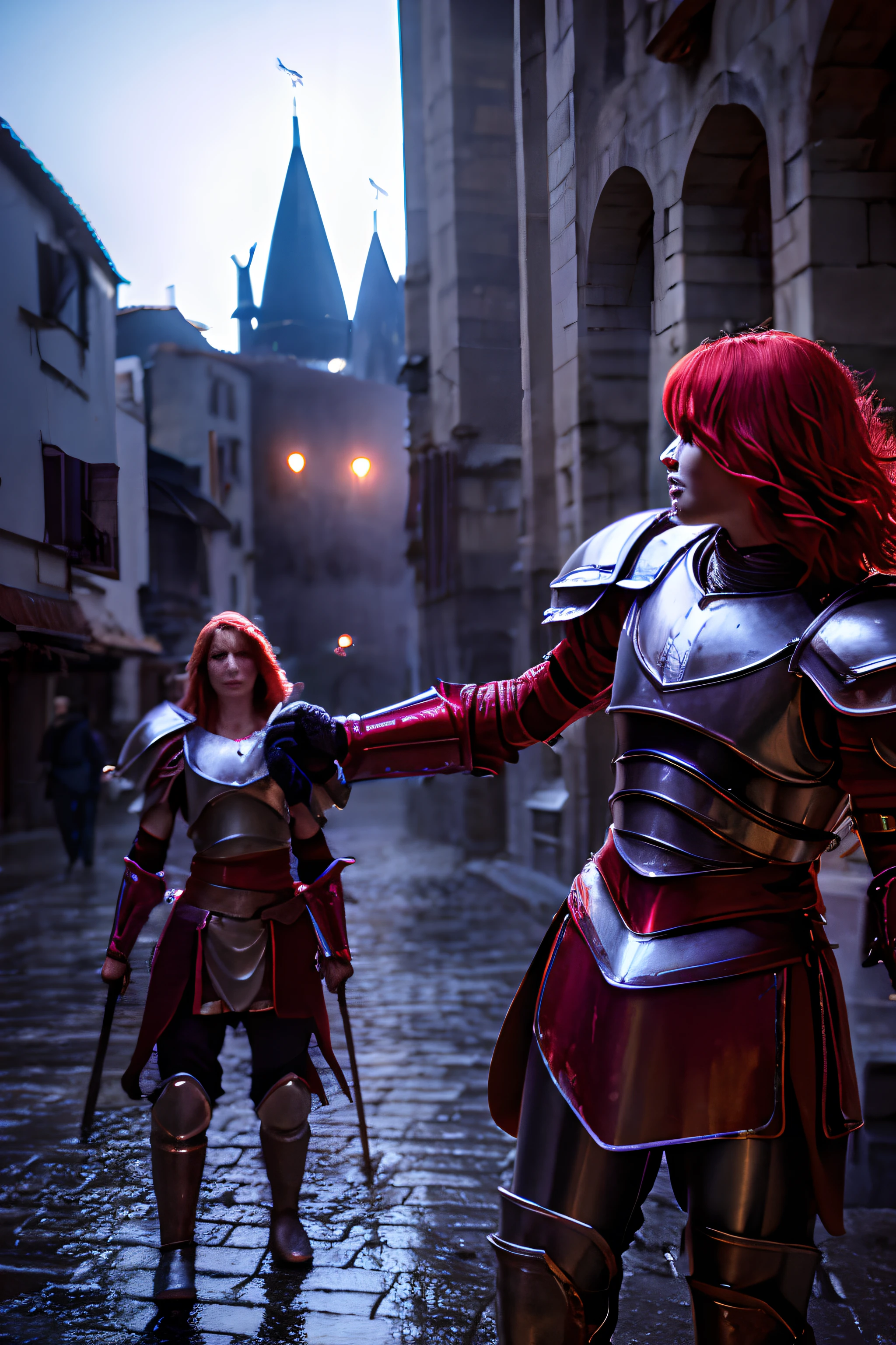 Red hair, Purple armor, Light Bearer Warriors, Medieval city, Dark, buttle, epicd, war, surrealism, 8K, Super Detail, war, Fighting demons, darkness, Horror, Rain