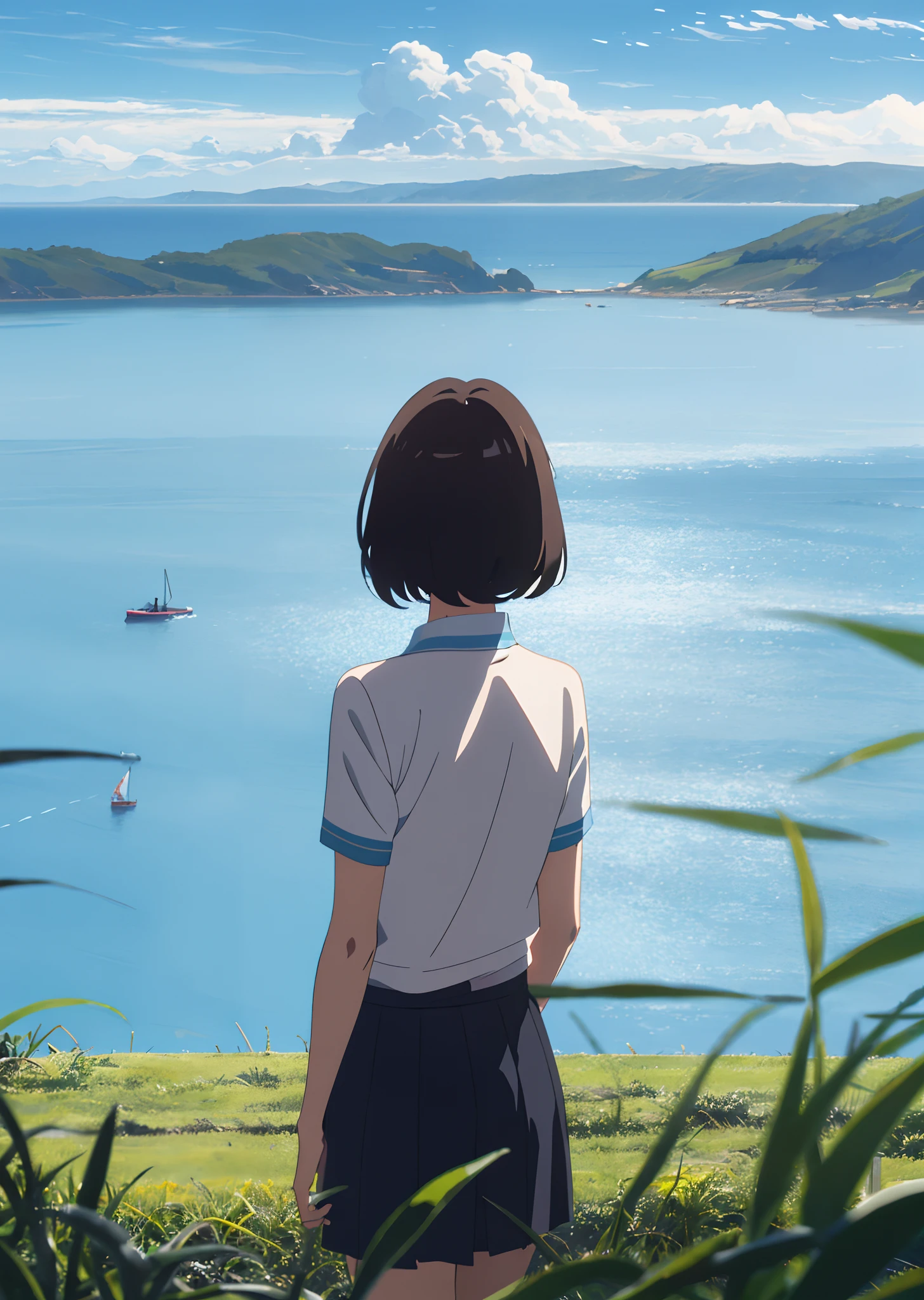 girl, student, 8K, hair brown and pink, ambicion, cute, anime, power, short hair, power mind, looking at the sea, backwards, sky and sea, field.