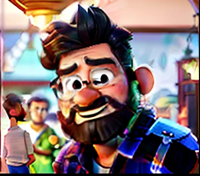 Poster no estilo Disney pixar, alta qualidade, melhor qualidade, homem sexy branco, 30 anos cabelo grisalho barba preta, musculoso, com fundo em um restaurante a luz de velas