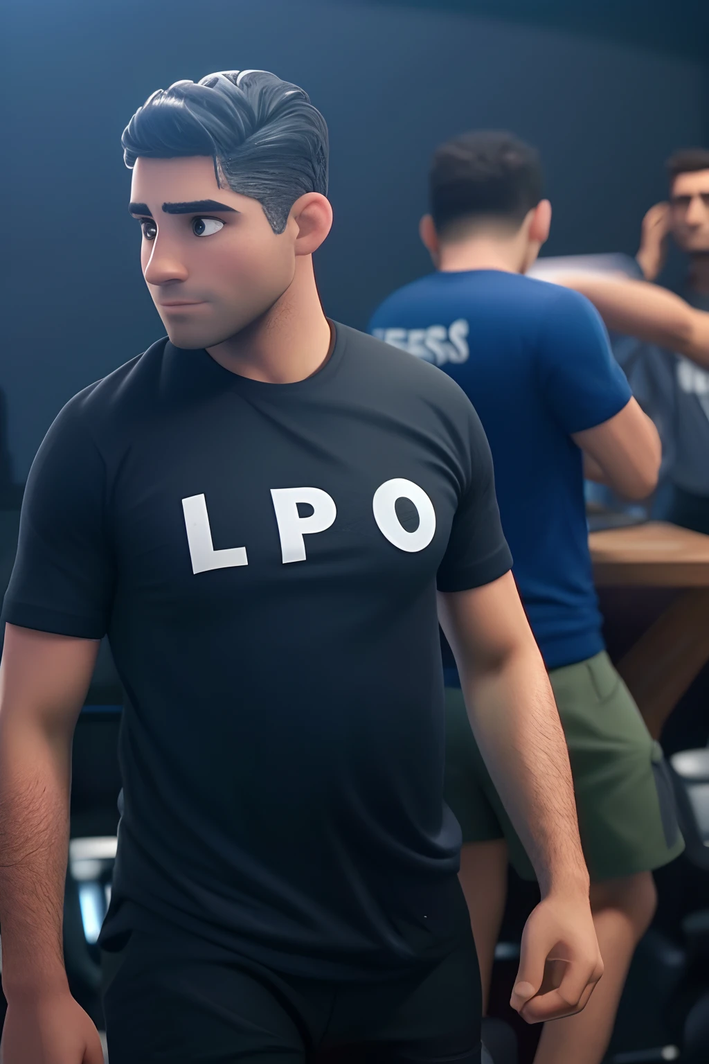 Bonito atleta de levantamento de peso, masculino de 38 anos de idade, tipo cabelo undercut, olhos altamente detalhados, front-faceing, ajuste, parece um treinador, whole body view, Highly detailed hands, figuras de academia, melhor qualidade, desenhos animados 3d, whole body view, fantasia, sonho, surrealismo, super bonito, trending in the artstation