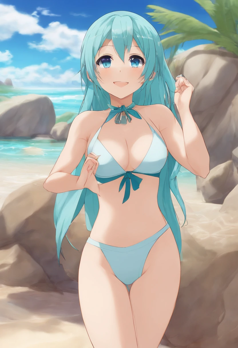 Aqua from Kososuba anime wearing a short swimsuit