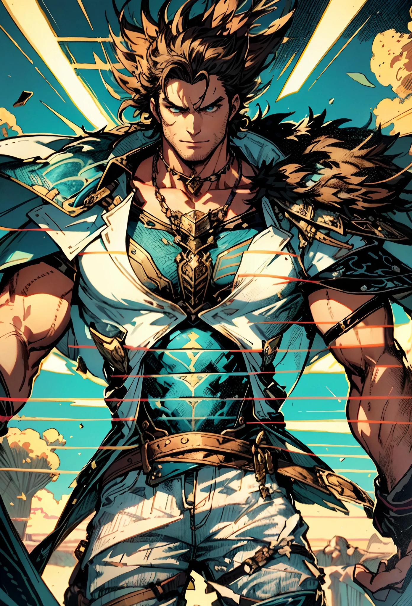 A middle-aged man of about 40, long hair in a striking red and black combination, wild and disheveled hairstyle, a fierce gaze, a confident smile, A lightning-shaped tattoo adorns his left face , a sturdy physique, a majestic fantasy-style coat with short sleeves, a form-fitting scale armor undershirt, Black fur shawl, wrist guards on his wrists, coarse cloth pants, e stands tall like a divine figure against a background of crumbling earth, with floating debris all around, this character embodies a finely crafted child with a fantasy-style dominant in anime style, characterized by an exquisite and mature manga illustration art style, high definition, best quality, highres, ultra-detailed, ultra-fine painting, extremely delicate, professional, anatomically correct, symmetrical face, extremely detailed eyes and face, high quality eyes, creativity, RAW photo, UHD, 8k, Natural light, cinematic lighting, masterpiece-anatomy-perfect, masterpiece:1.5